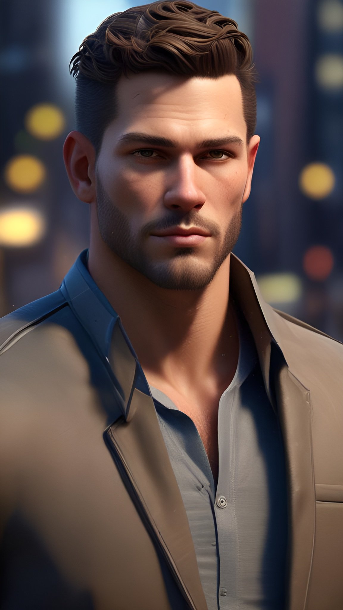 Close up portrait of handsome man with styled brown hair and stubble in suit jacket