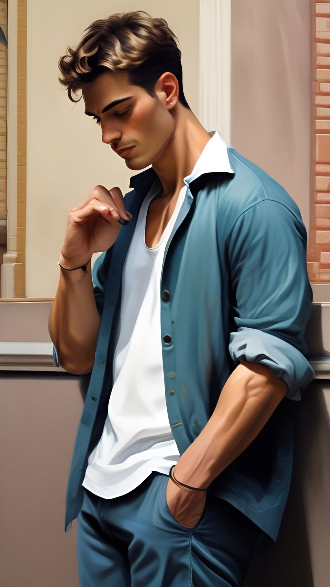 Photo of a handsome man in blue shirt outfit pensive male gaze hand chin pose white undershirt layer and leaning wall stance