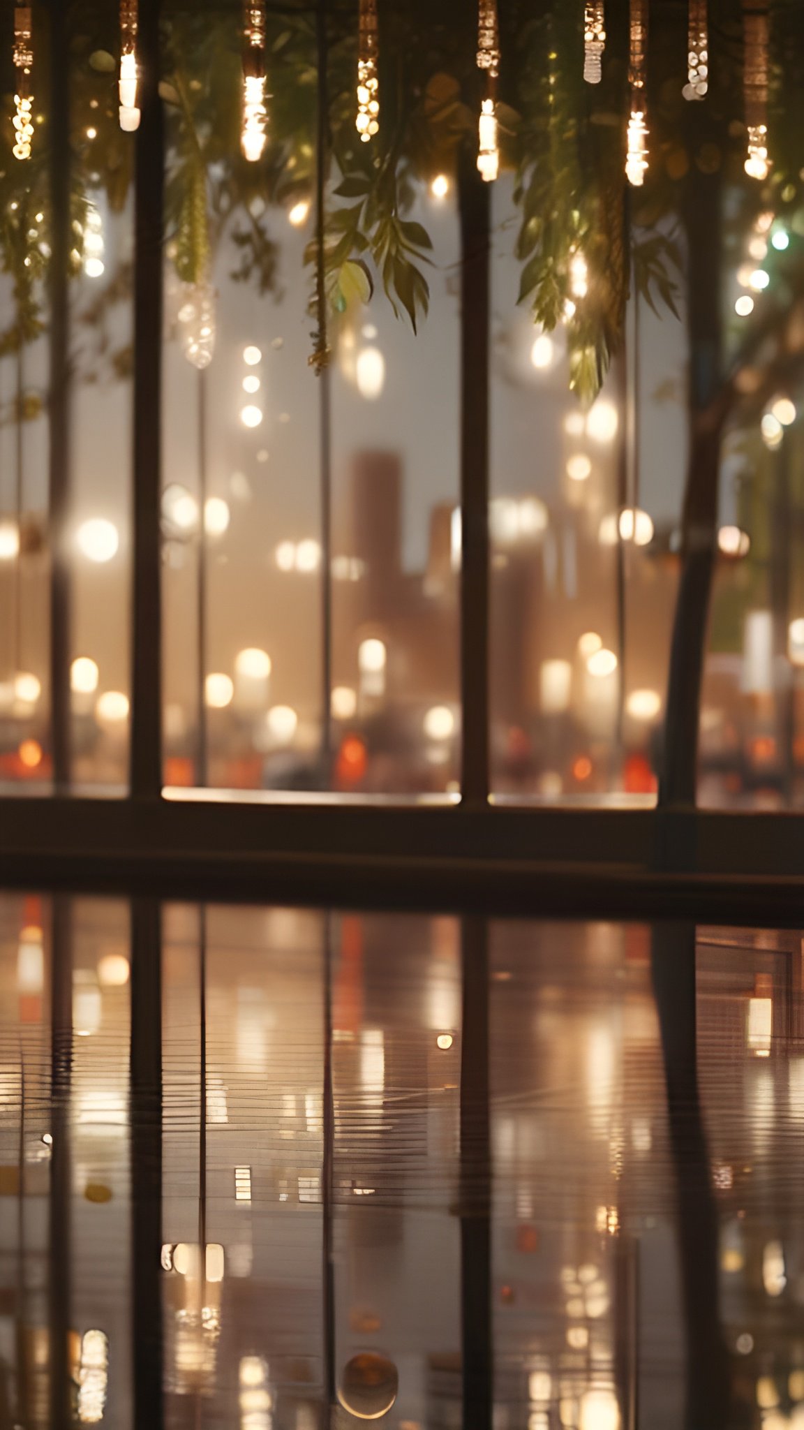 Creative photograph of hanging string lights with green leaves through large window overlooking blurred city lights at night