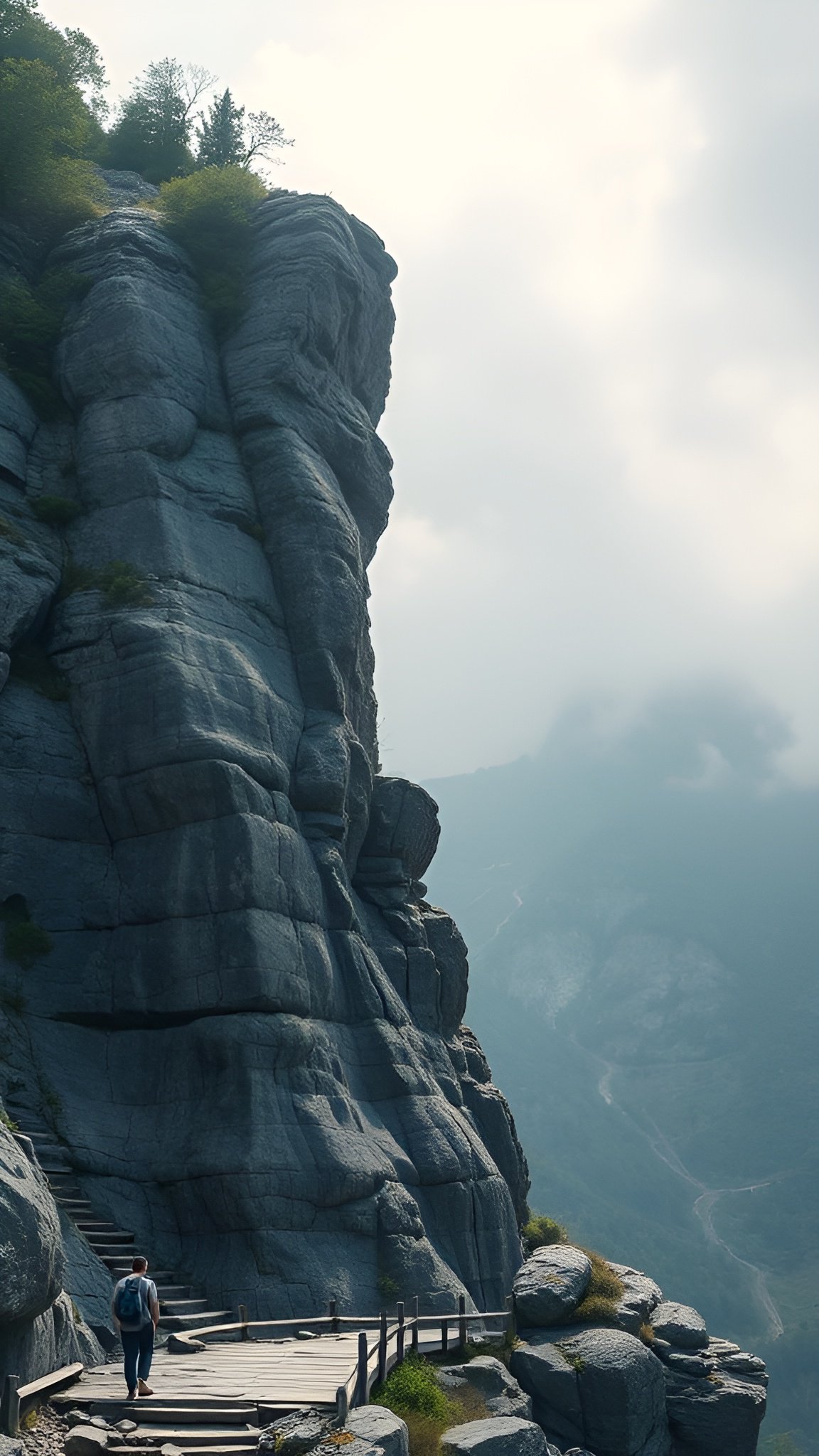 Nature photograph of a hiker with a backpack on a wooden path beside a massive rock cliff