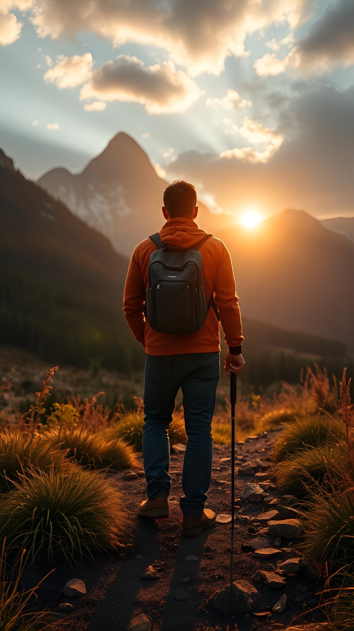 Solitary hiker with trekking pole admiring dramatic mountain sunset in golden light