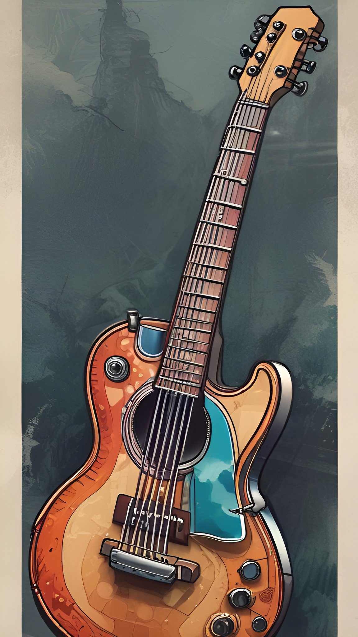 A cartoon image of a honey wood guitar with a teal pickguard, knobs, and strings on a dark teal wash