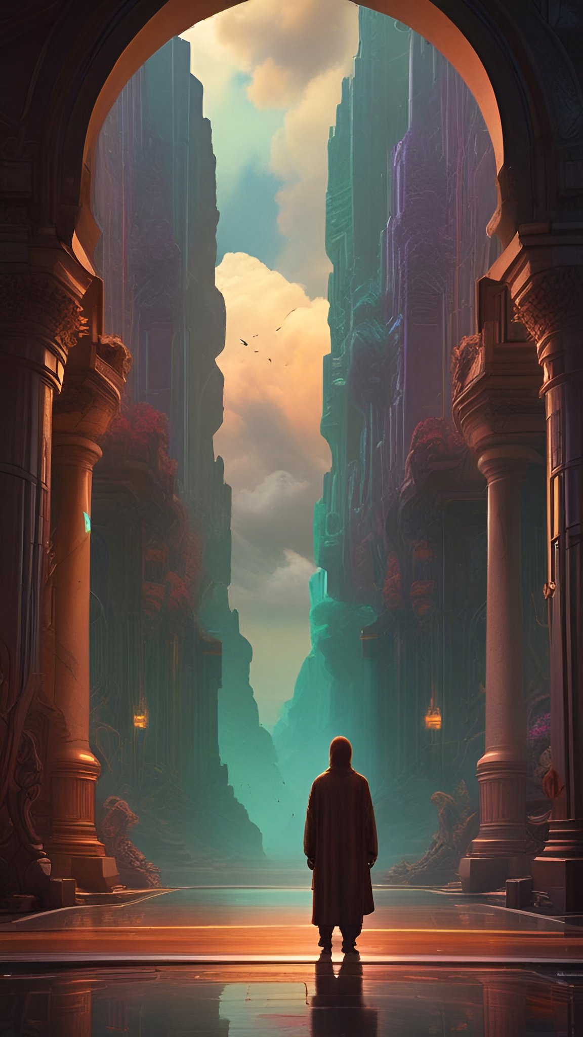 Painting of a hooded figure in a long brown robe under a carved stone arch facing a misty teal canyon of ruins