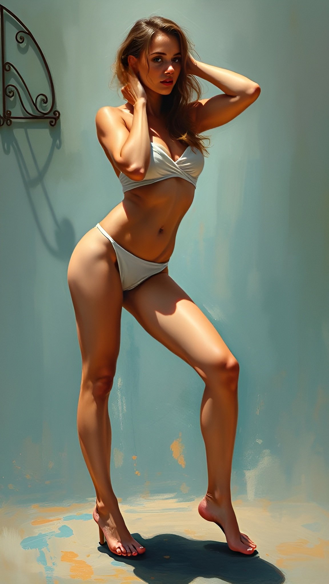 Photo of a hot brunette woman posing in white bikini with high heels against blue wall