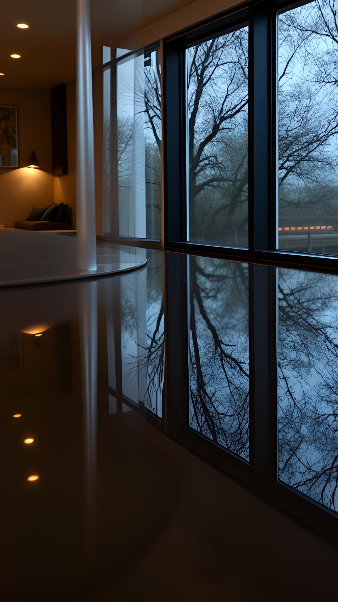 Minimal interior with large windows reflecting bare trees and twilight sky