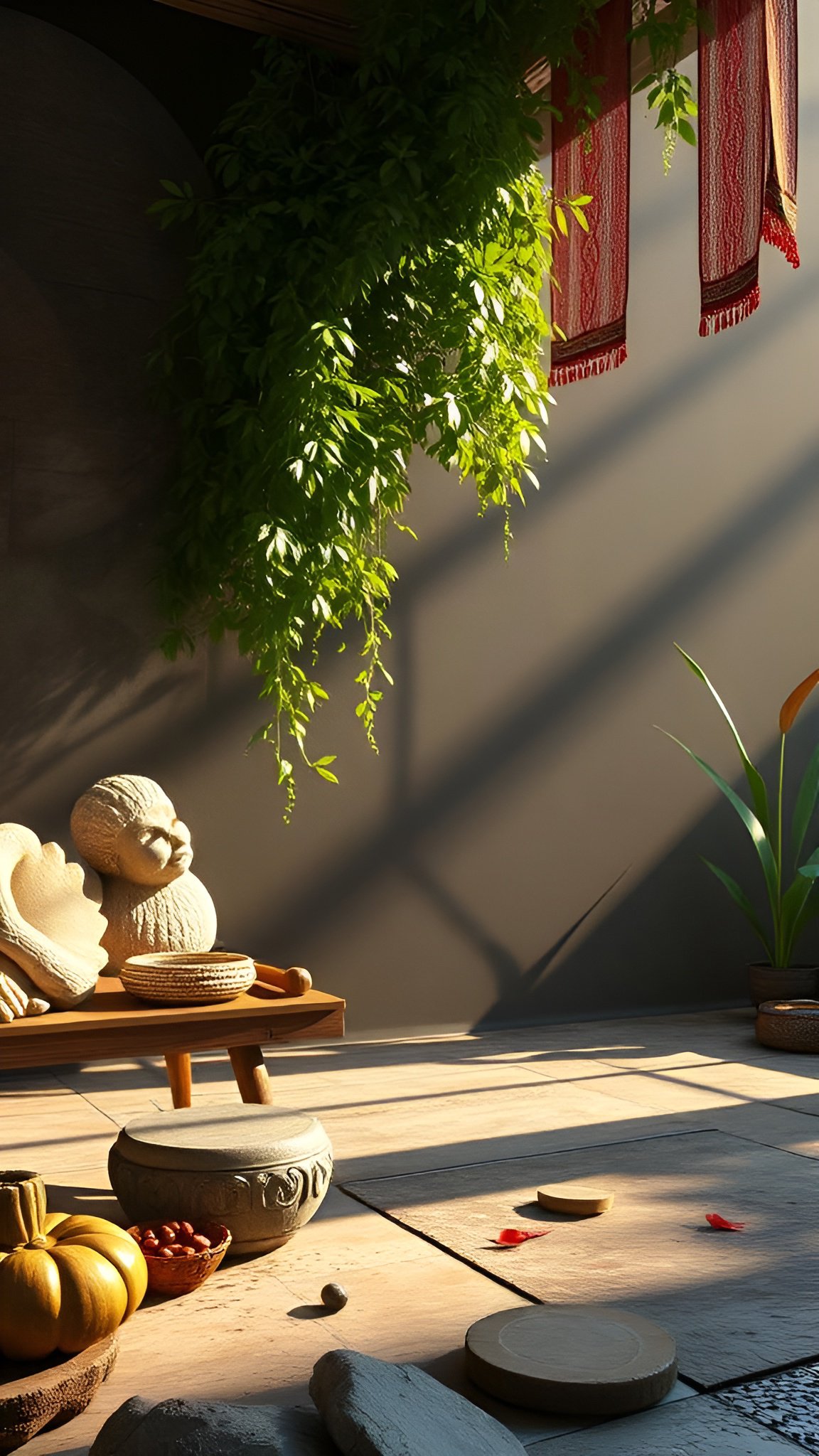 Indoor room with sunlight streaming on plants stone statues and pumpkin on floor