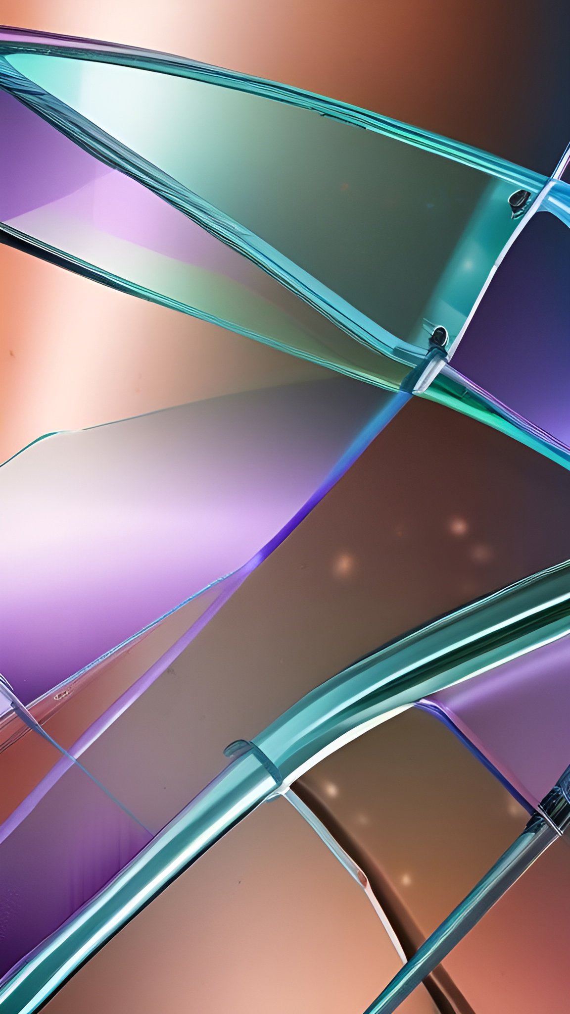 Abstract art with iridescent teal purple pink glass panels and colorful reflections