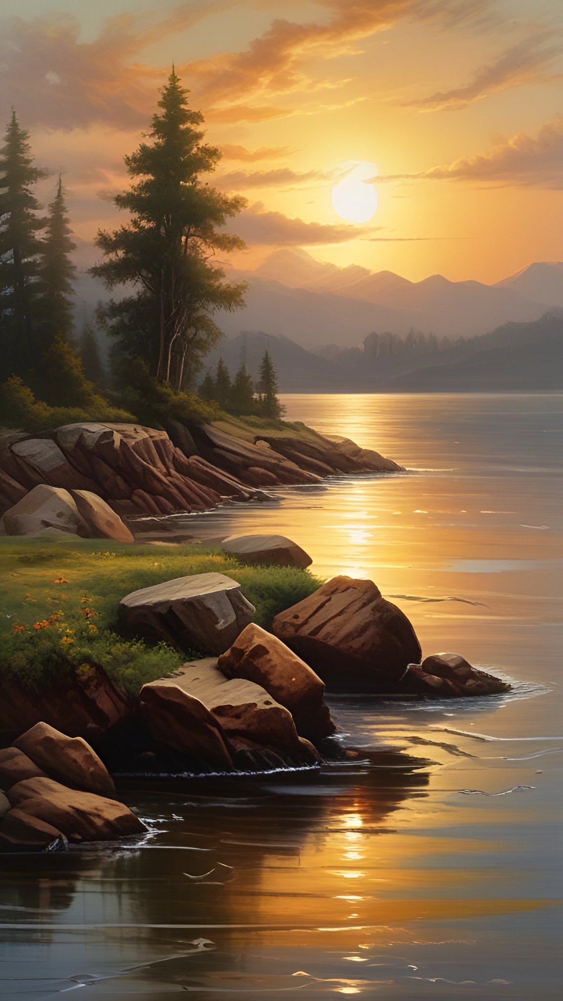 Oil painting style lakeside sunset with rocks trees and mountain background