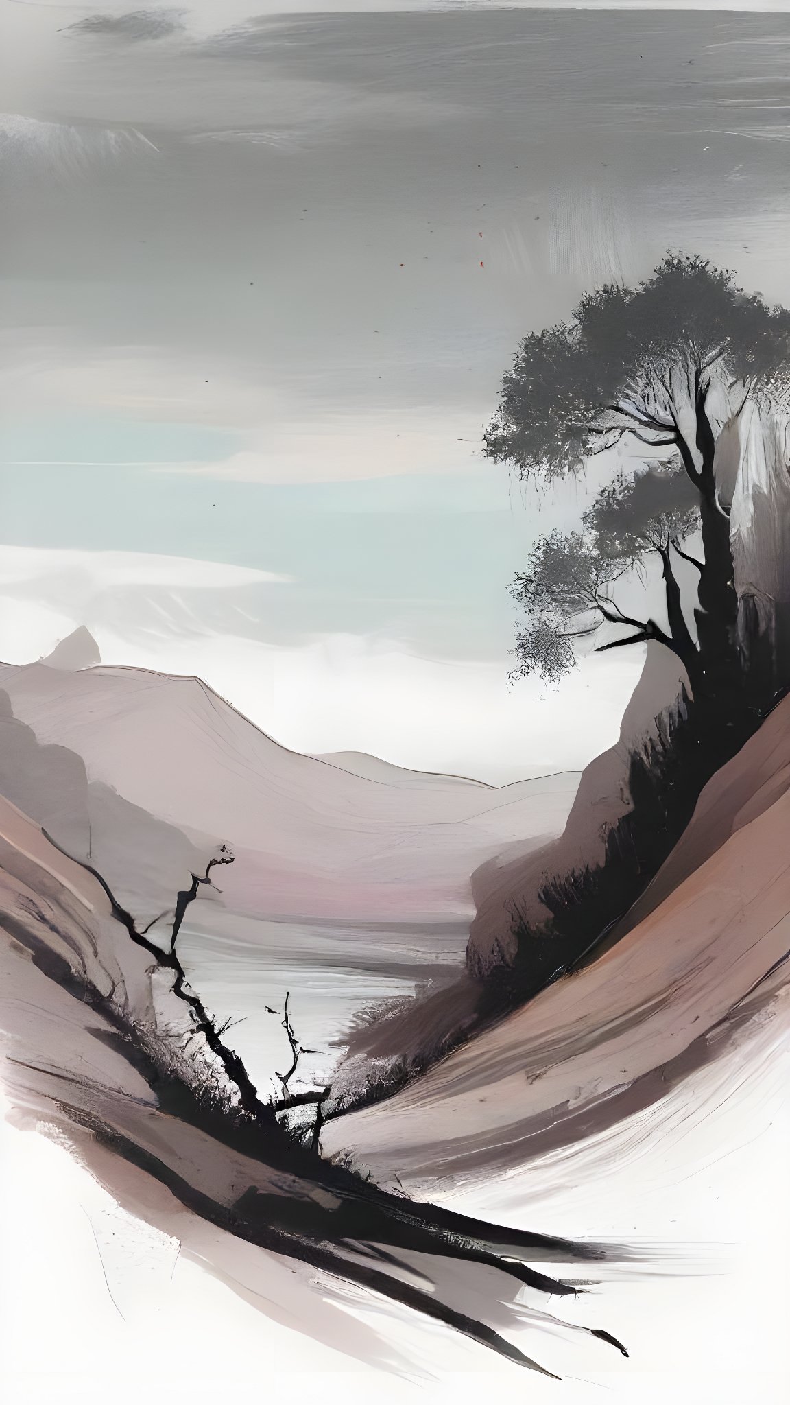 Landscape painting with tree river mountains and mist