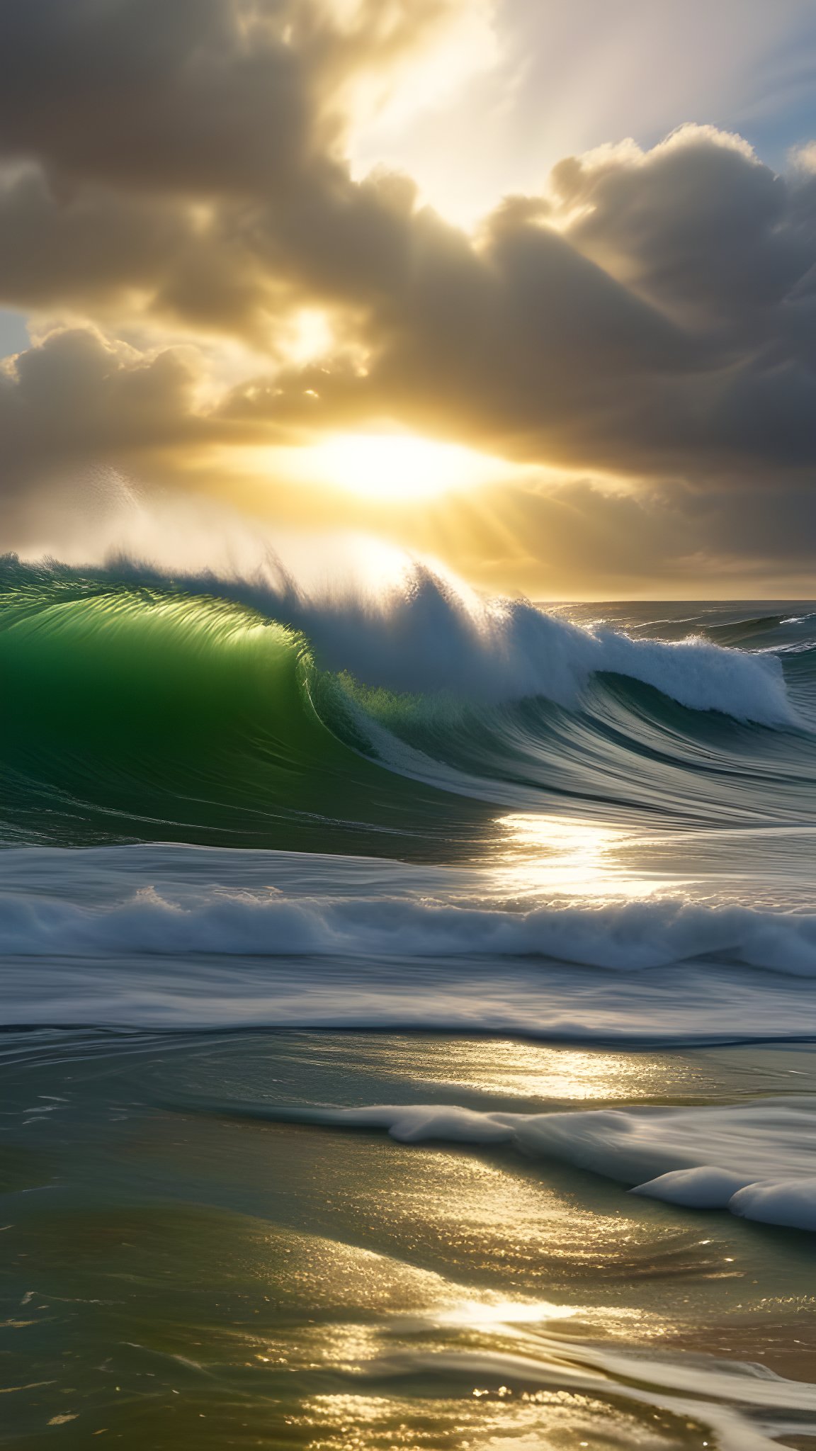 Large green wave crashing with sunlight breaking through clouds over ocean surf