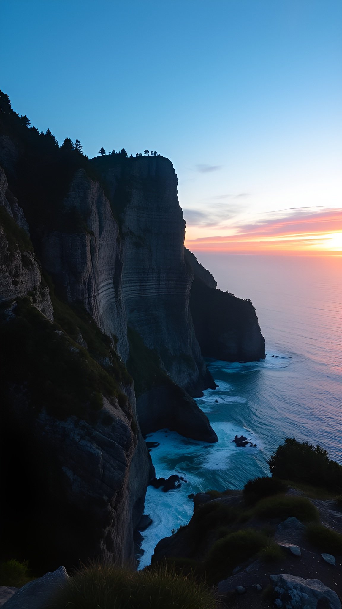 Nature photograph of layered rock face with pine tree line overlooking turquoise ocean water at sunset pink sky and crashing white surf