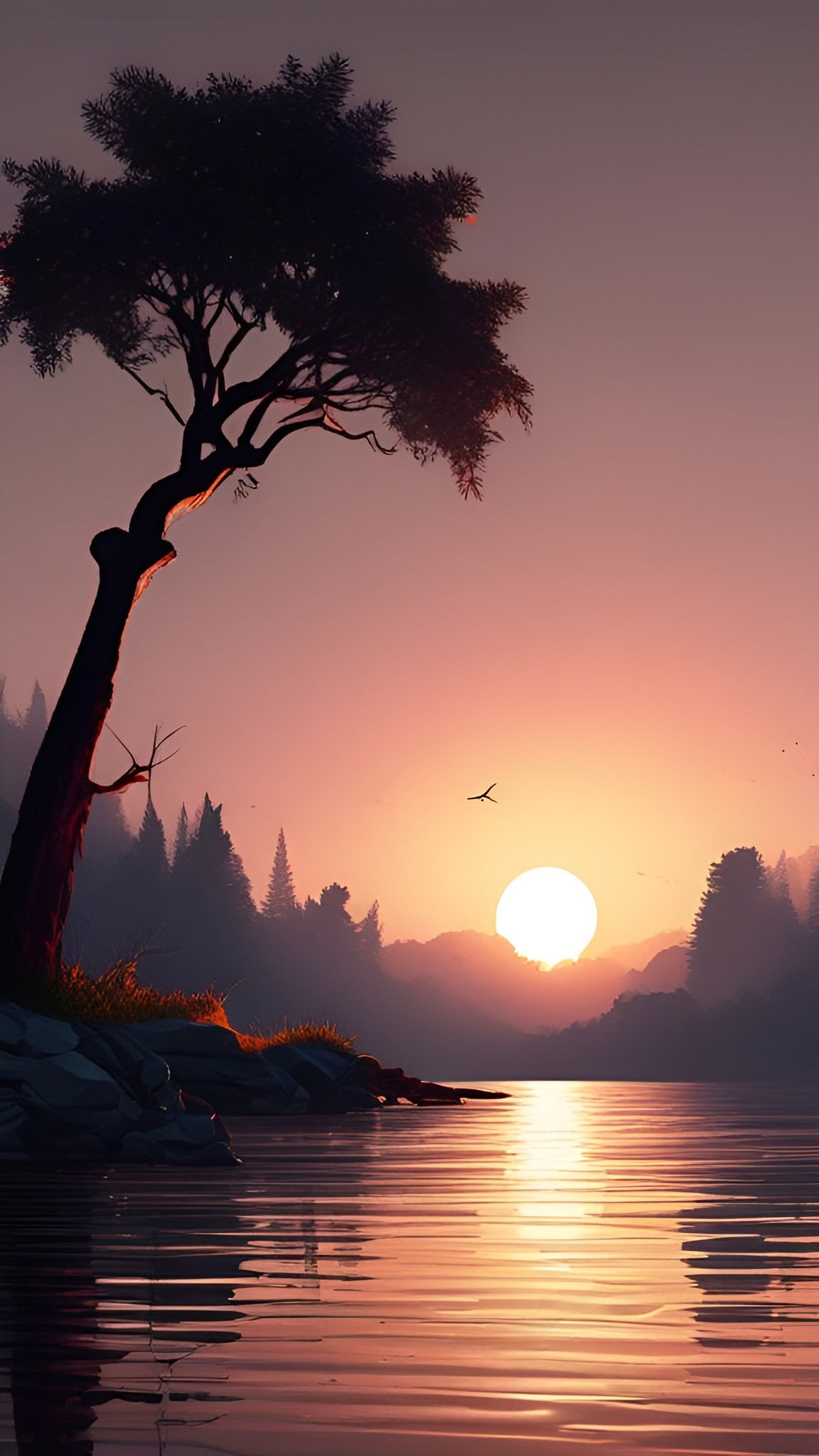 Painting of a leaning pine-style tree on a rocky lakeshore at sunset with a sun path on the water