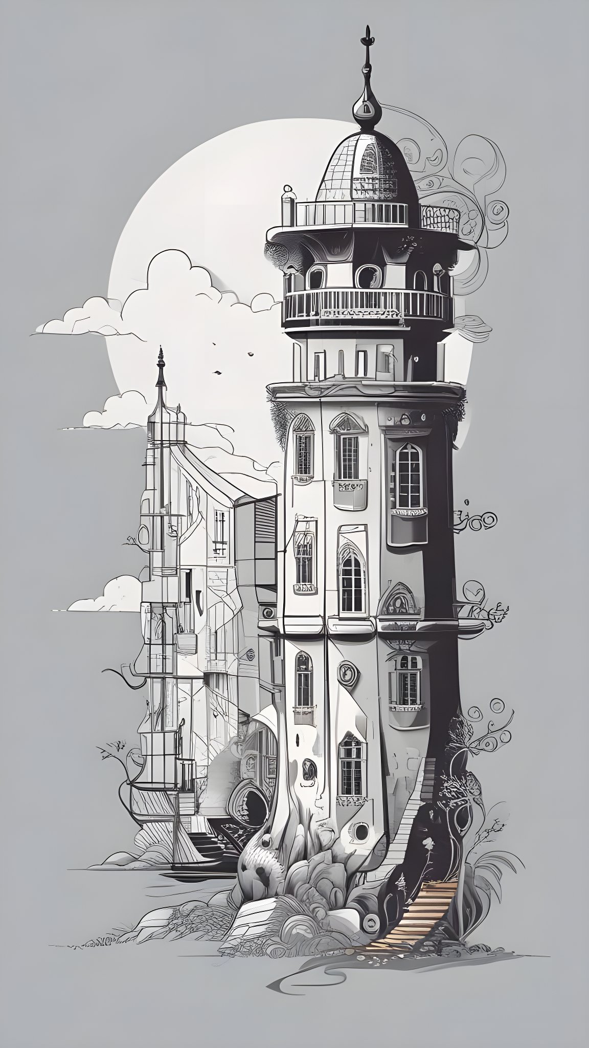 Drawing of lighthouse with ship moon clouds and rocky base