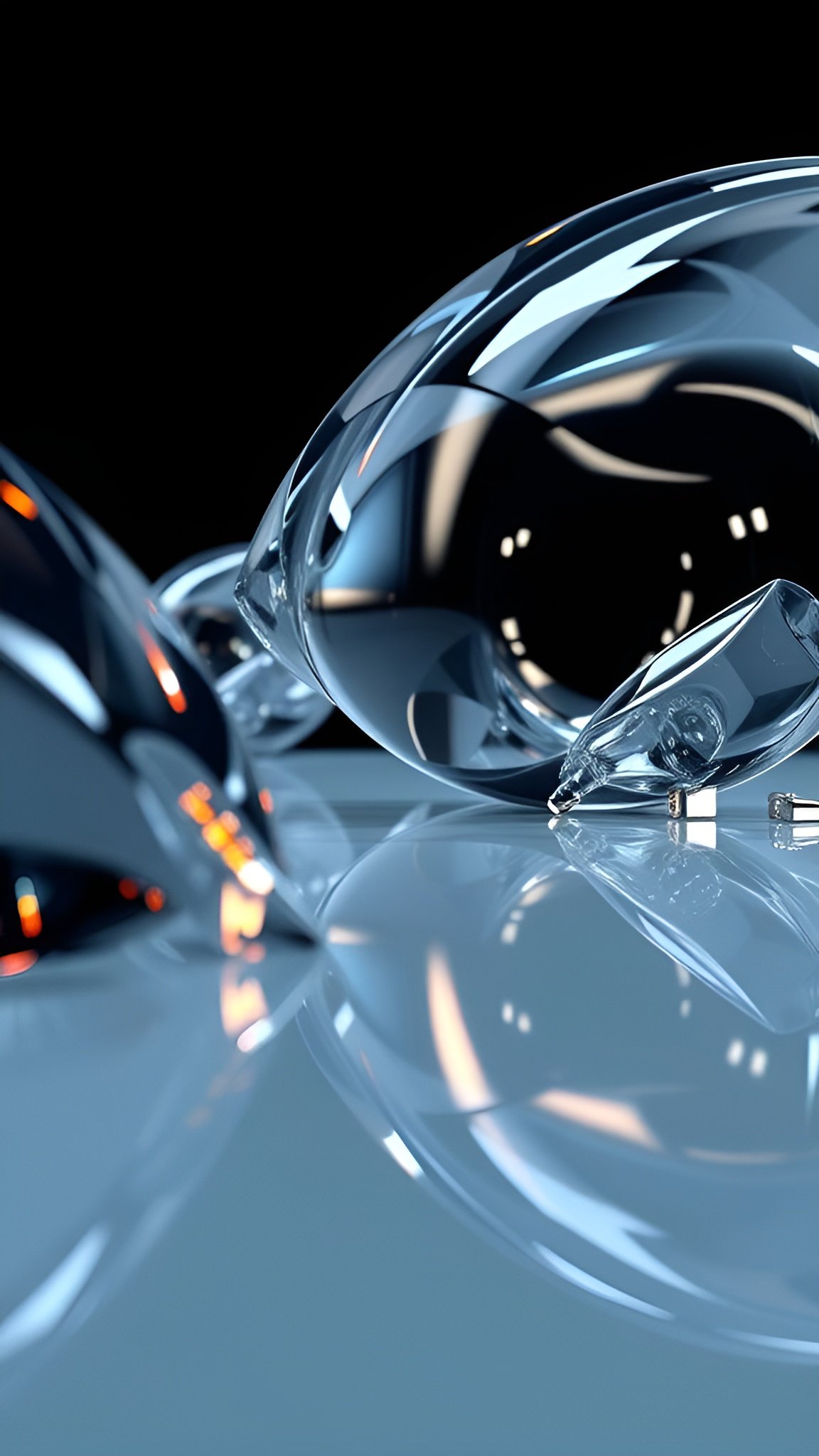 Macro view of liquid metal droplets and abstract chrome forms on reflective surface