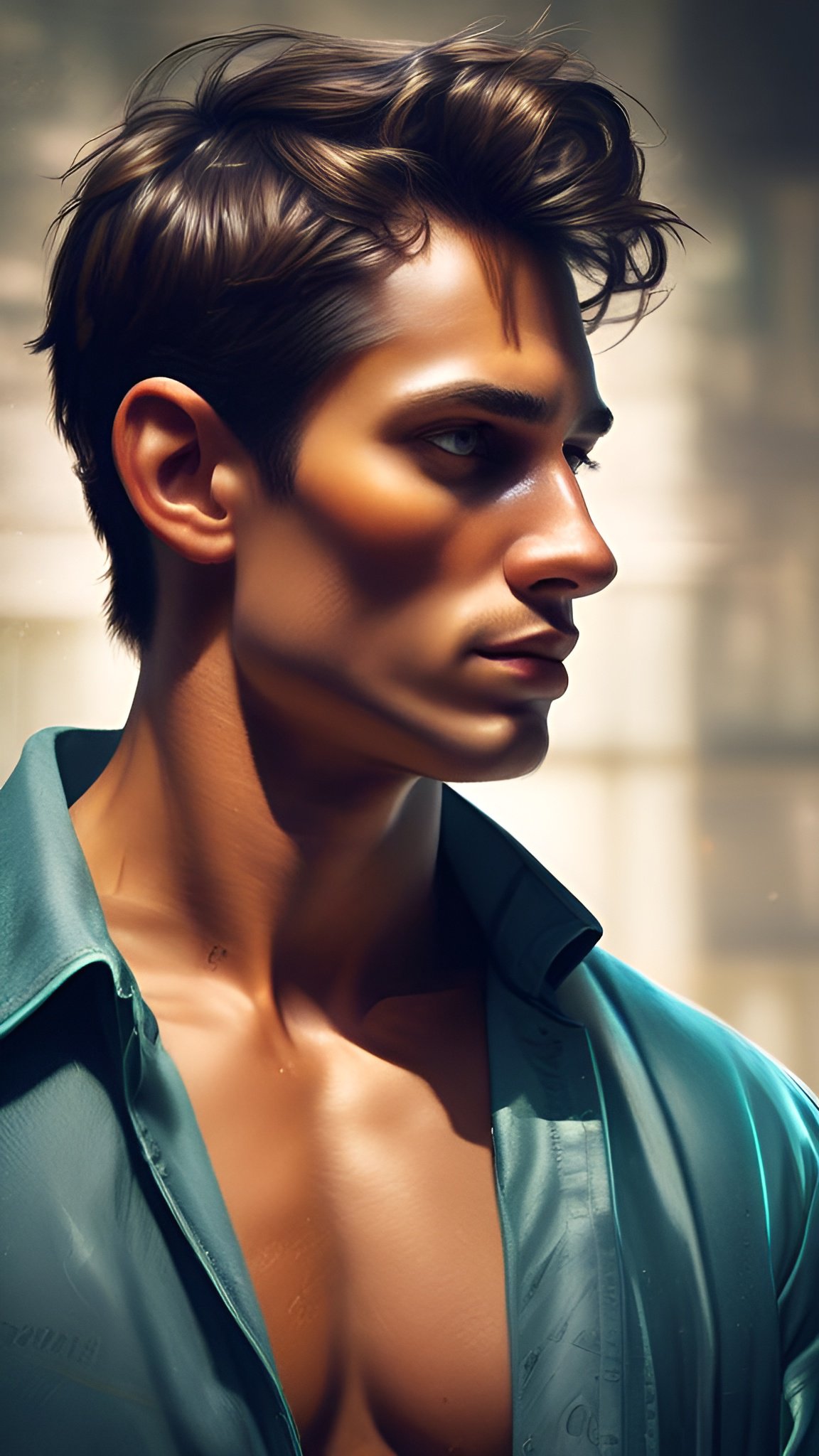 Portrait of handsome dark haired man in an open shirt profile view