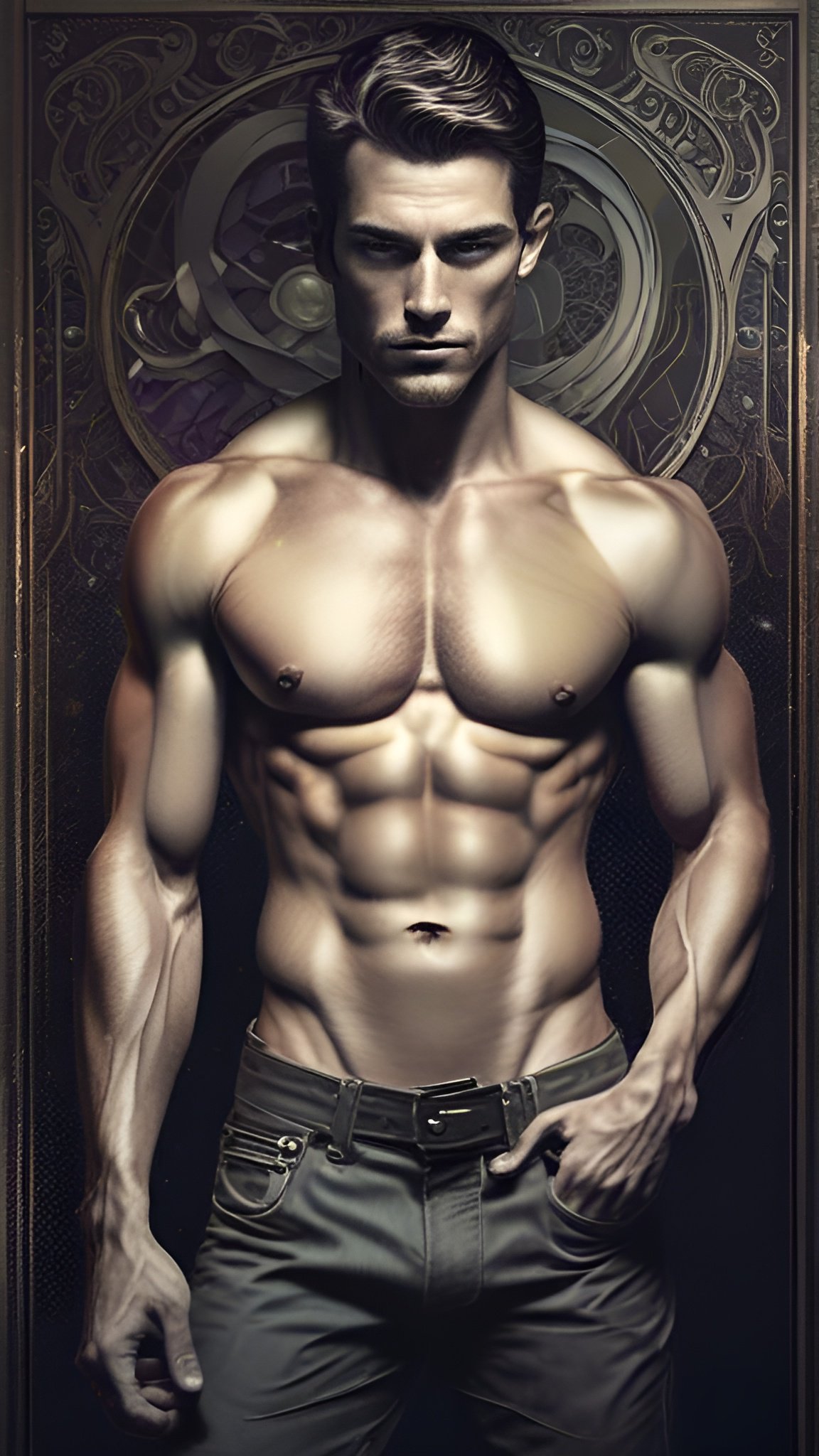 Male figure art of a muscular man with chiseled abs and an intense gaze