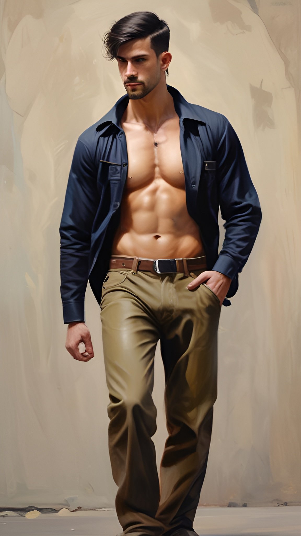 Portrait of muscular man with open navy shirt showing his abs