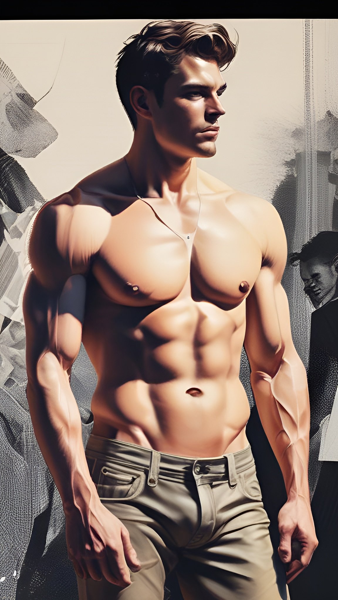 Painting of a man in beige pants looking to the side against a beige gray collage