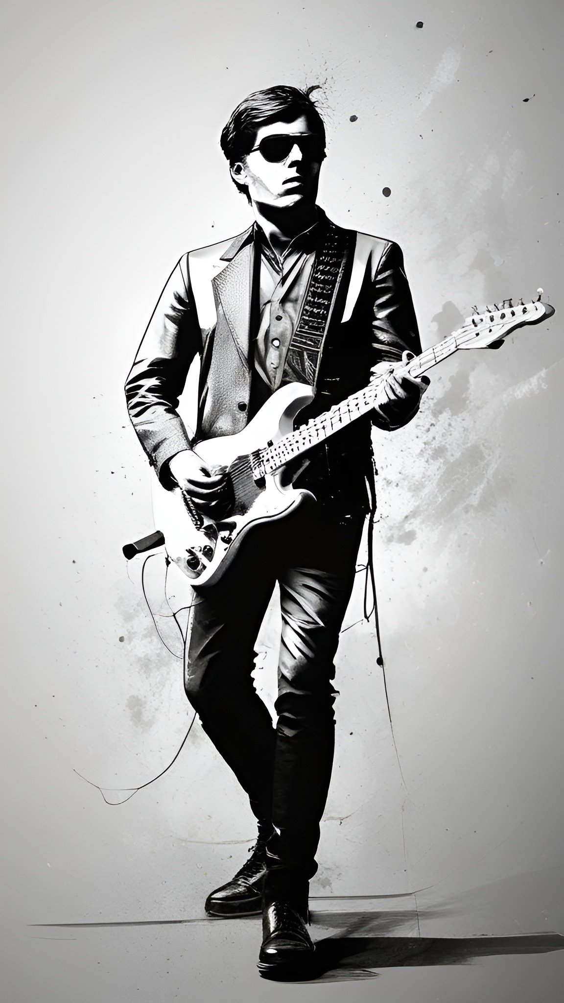 A poster art of a man in a black jacket, dark sunglasses, and black boots holding a white electric guitar on a pale gray wash