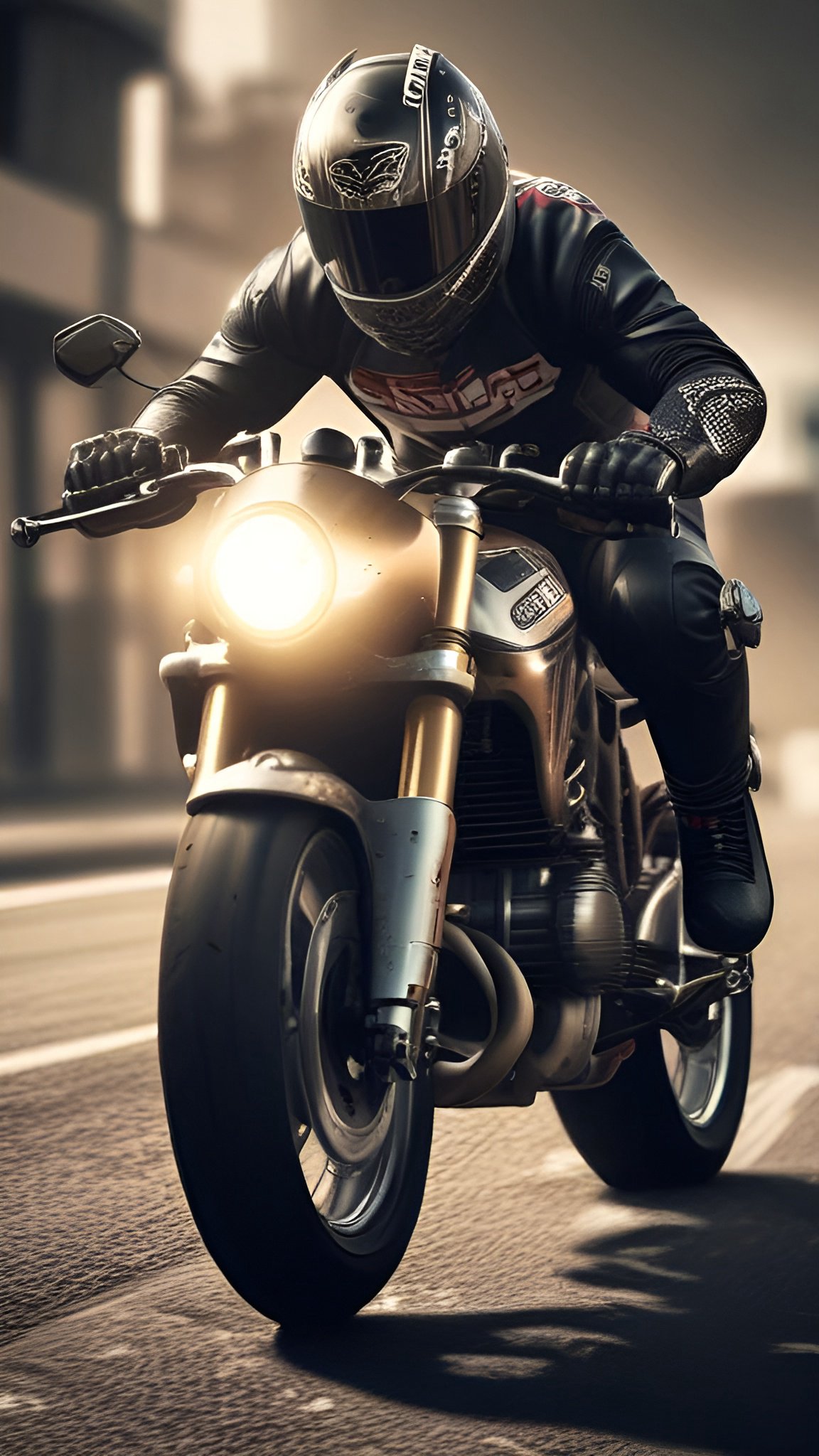 Painting of a man in black leather riding gear on a bronze cafe-racer-style motorcycle