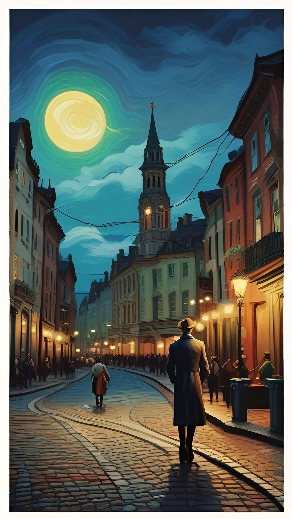 Painting of a man in a long dark coat and cap walking a cobblestone street at night under a yellow moon