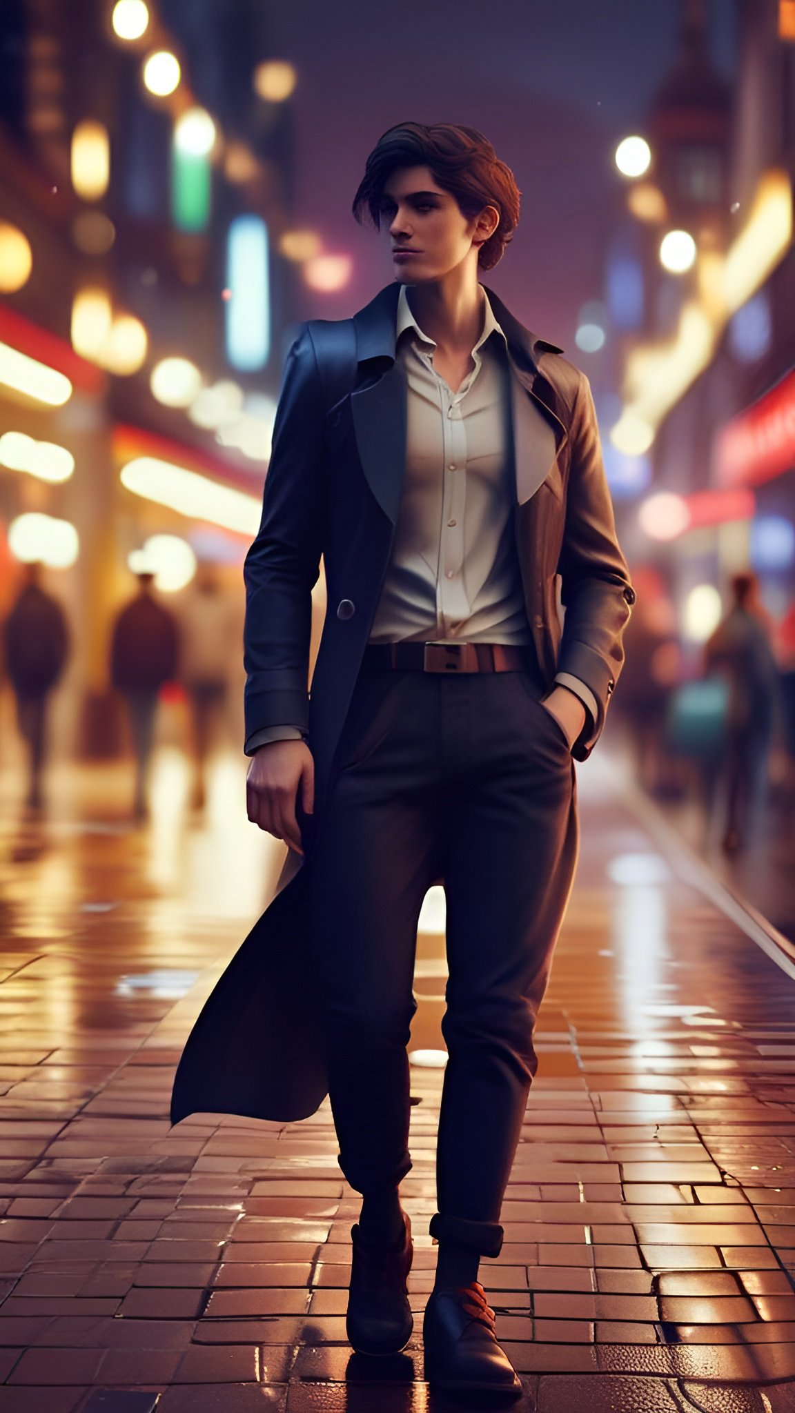 Painting of a man in a long dark coat and white shirt on a wet night city street