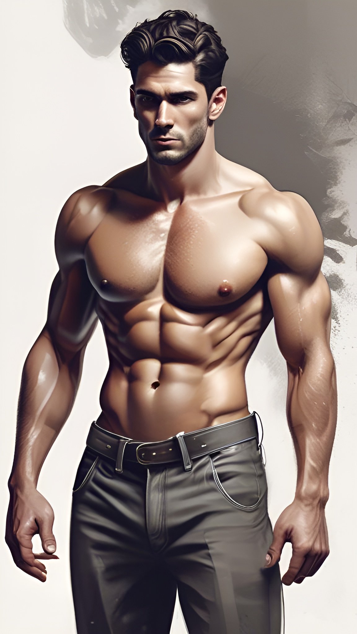 Painting of a man in dark gray belted pants standing in a cream studio