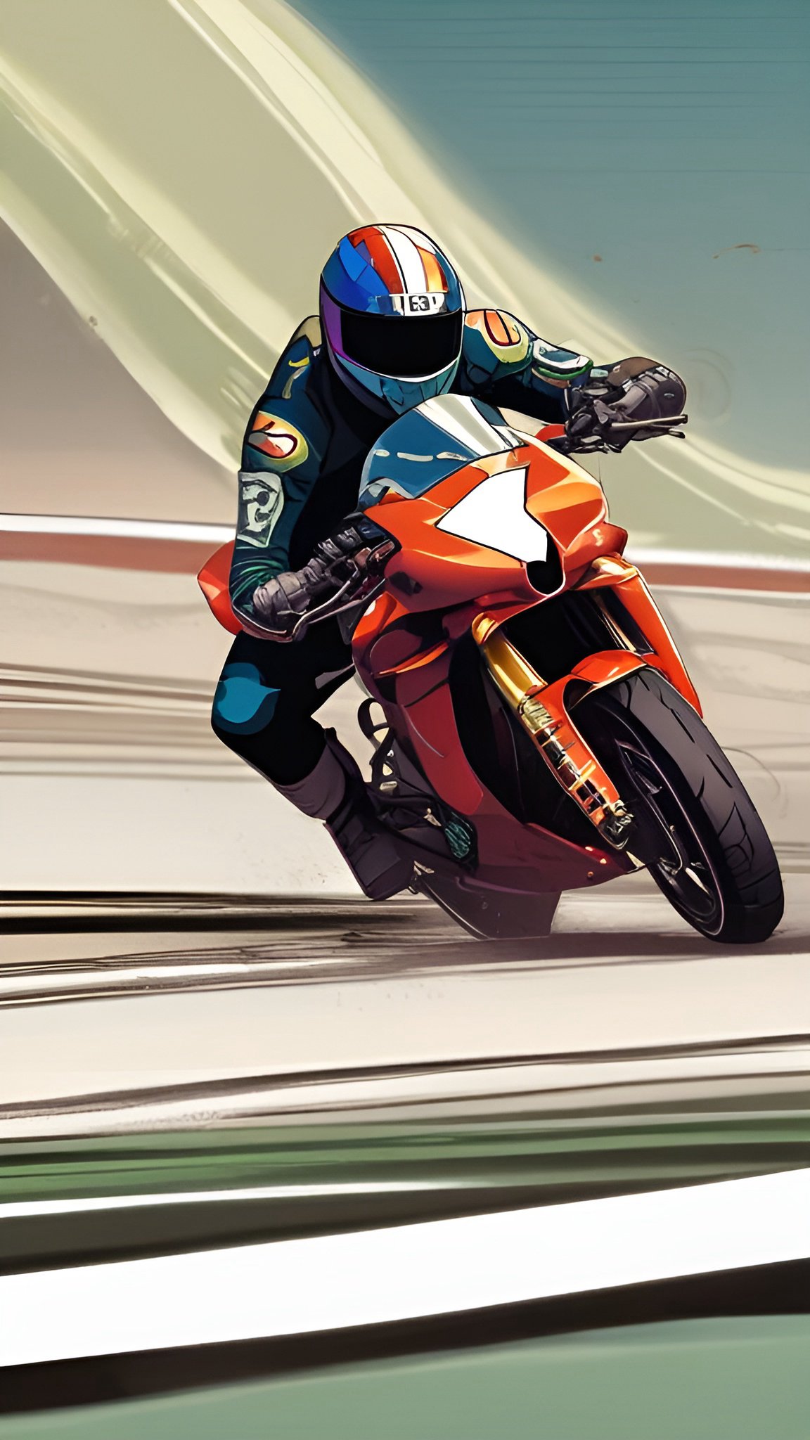Painting of a man in a dark racing suit leaning an orange sportbike through a turn on a pale racetrack