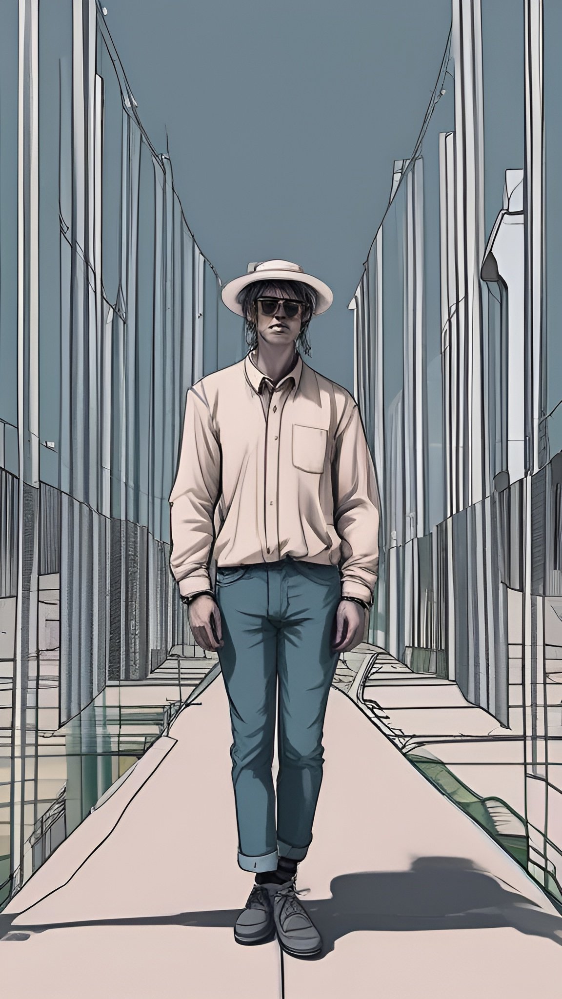 Painting of a man on a glass skywalk in a white hat, beige shirt, and teal cuffed jeans
