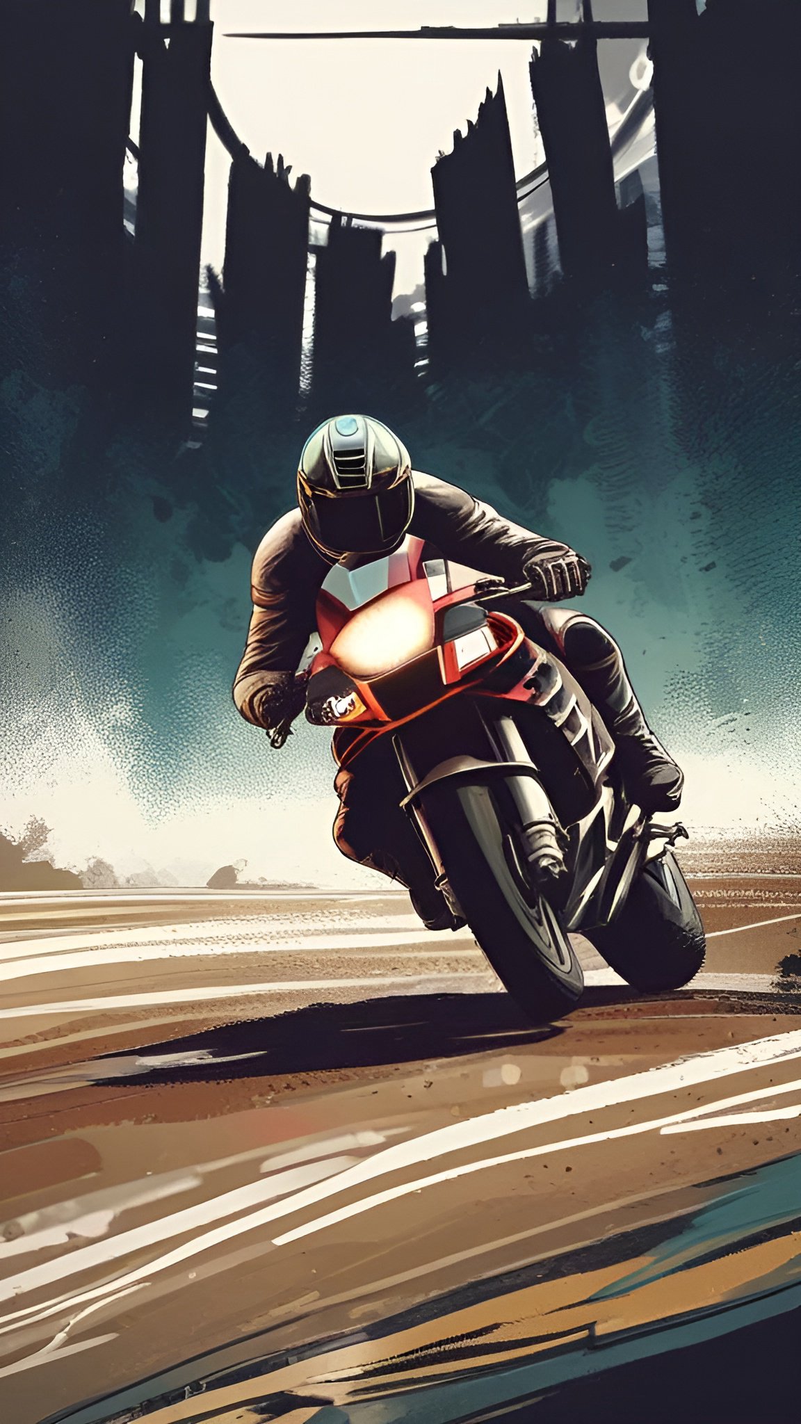 Painting of a rider in a helmet on a red and black sport motorcycle on a pale road