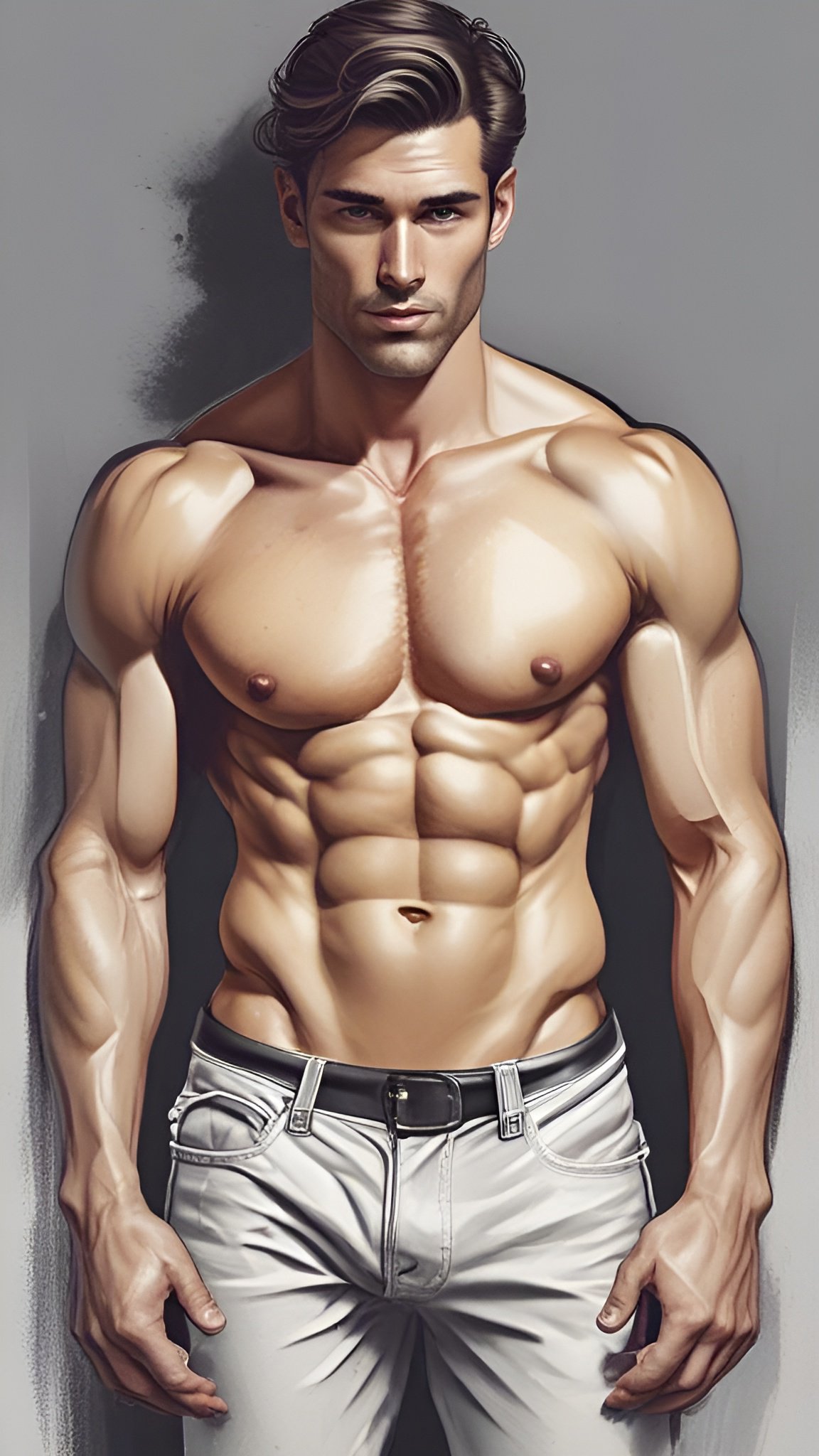 Painting of a man in light gray jeans standing in a gray studio
