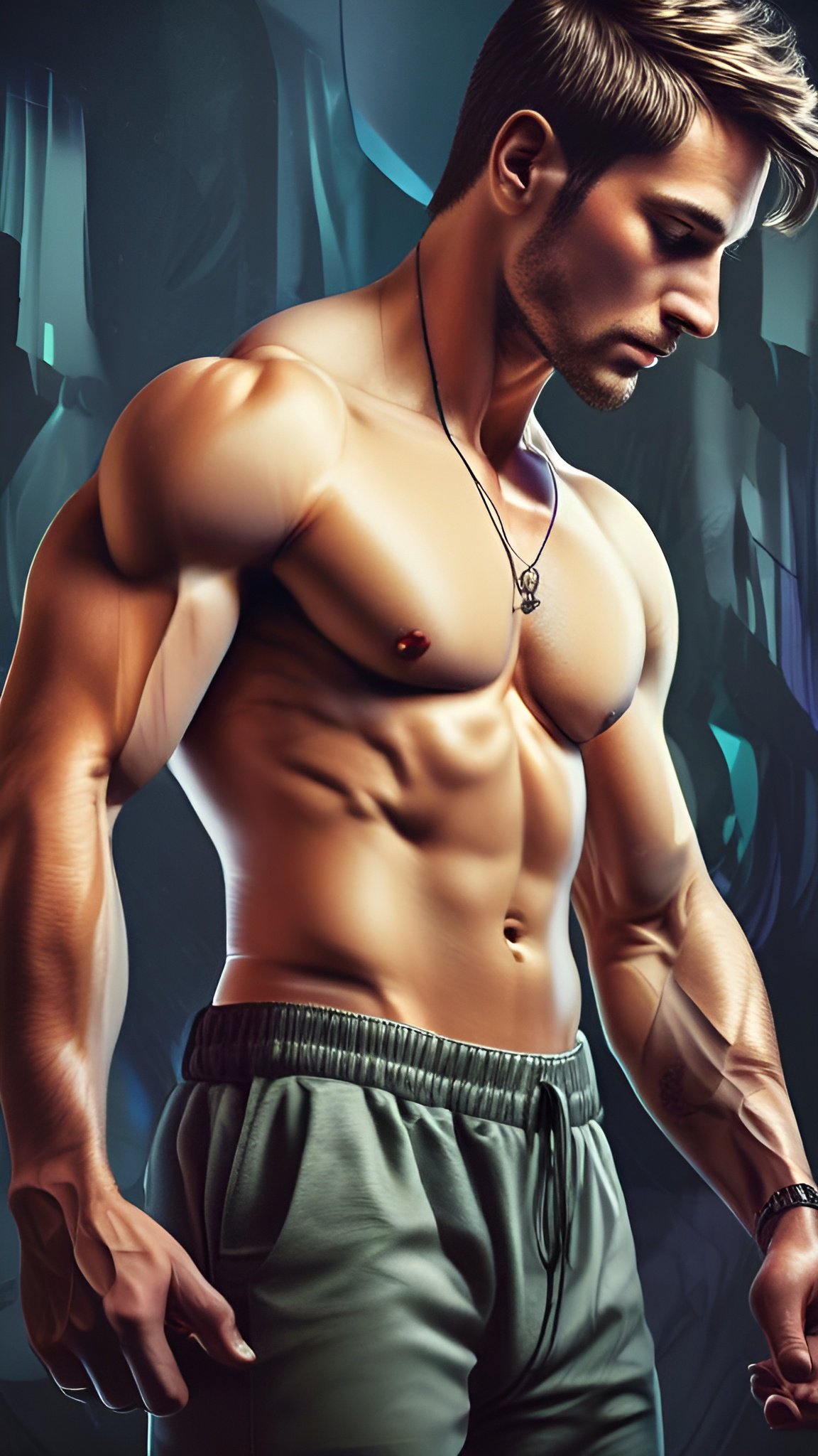 Painting of a man in olive green sweatpants looking down against a blue teal background