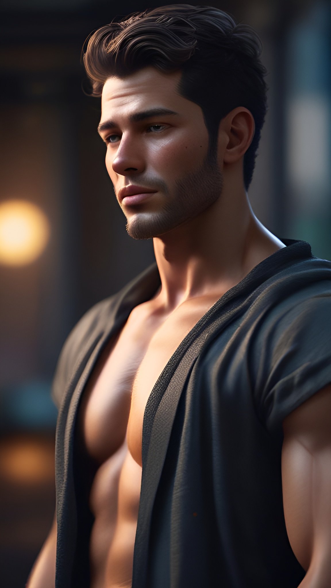 Photo of a man in an open dark shirt in warm indoor light