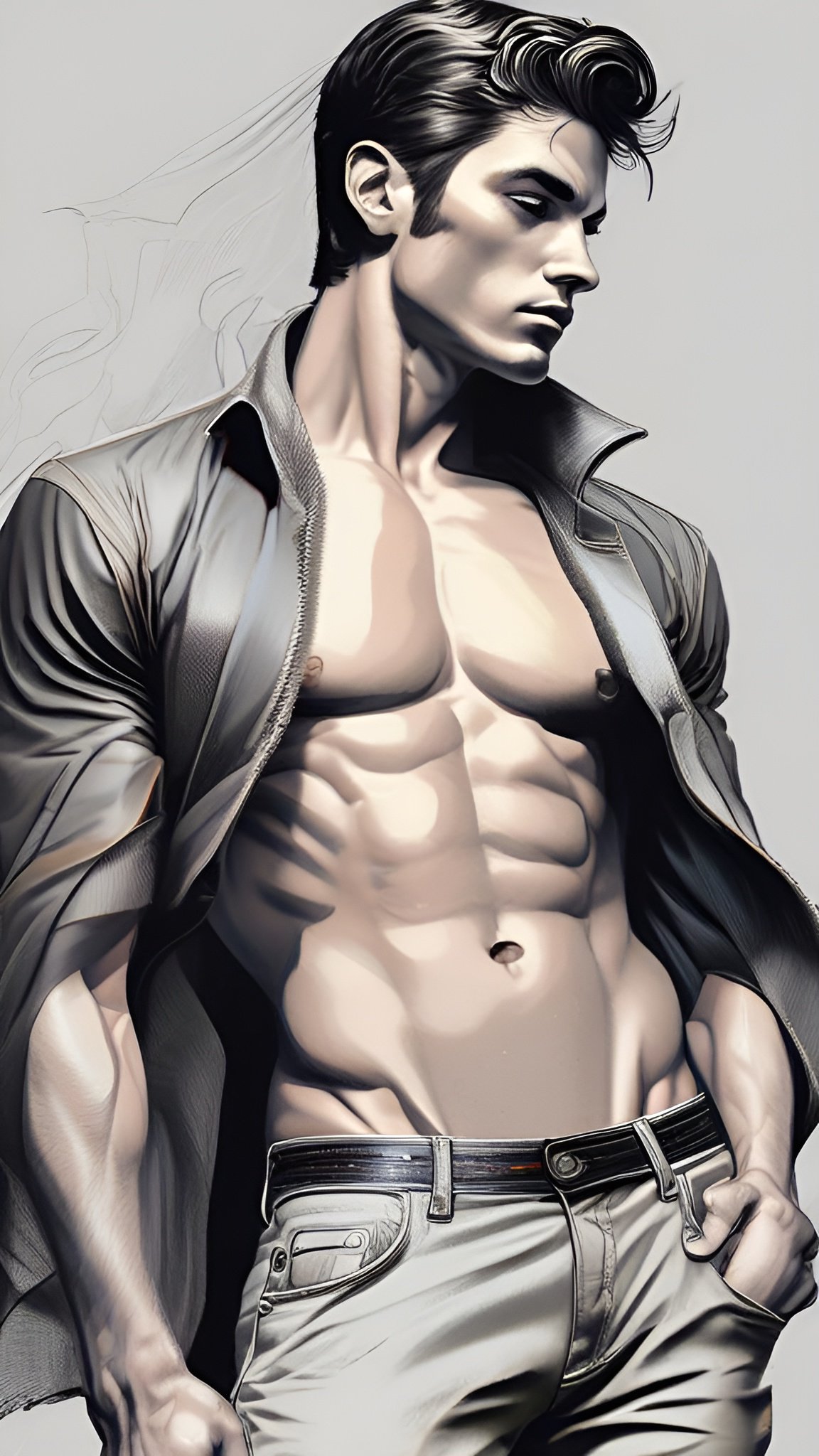 A painting of a man with an open gray shirt and beige jeans, one hand in a pocket, on a pale studio ground