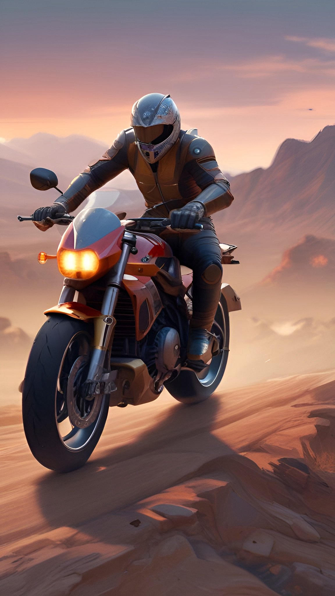 Painting of a man in a helmet and tan gray riding jacket on an orange naked-style motorcycle crossing desert dunes