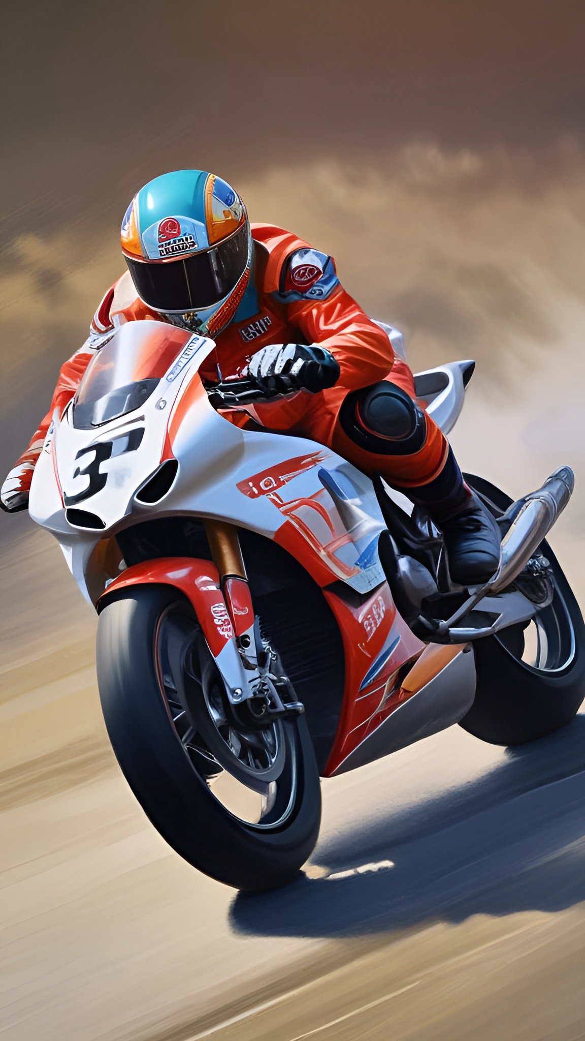Painting of a man in an orange racing suit on an orange and white sport motorcycle numbered 3