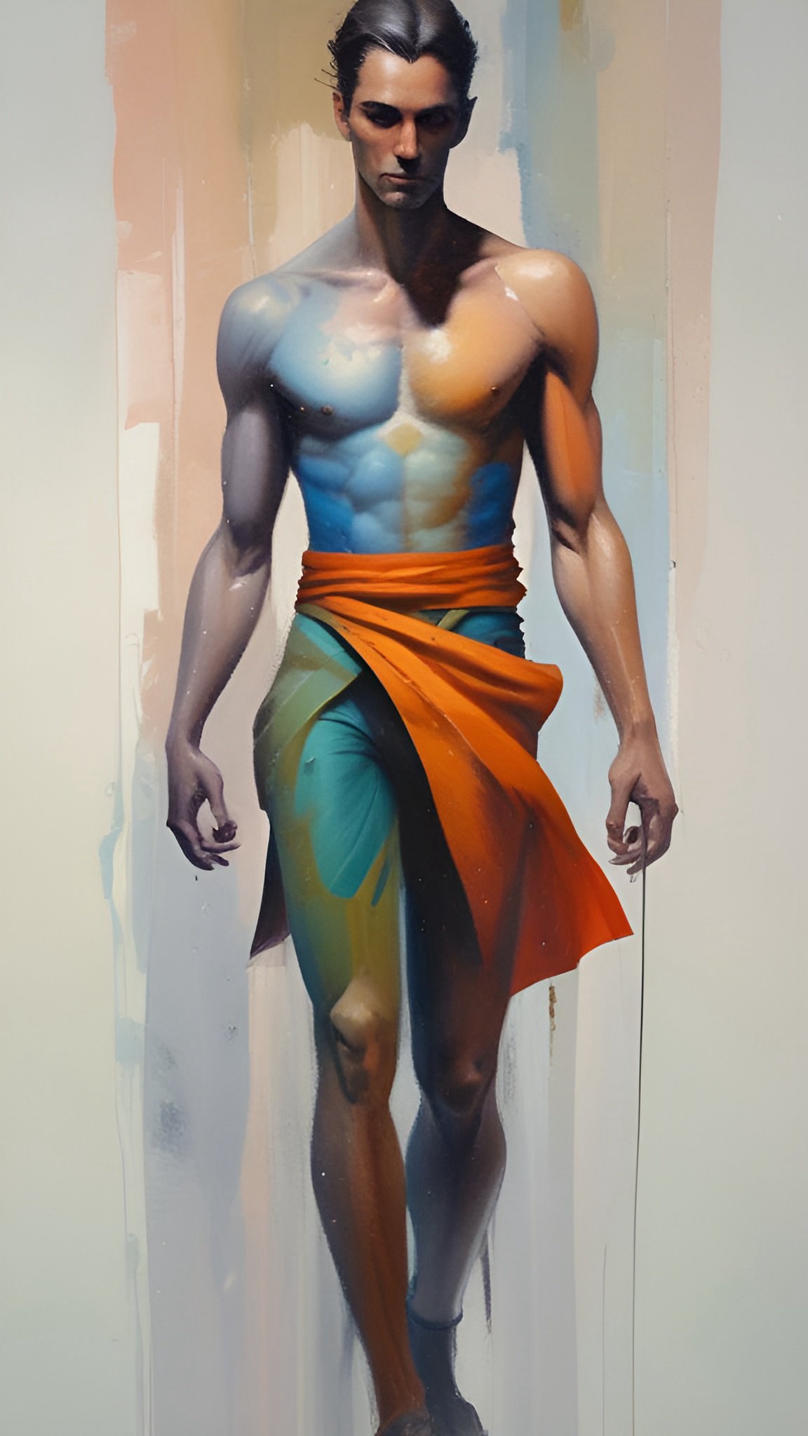 Painting of a man walking forward with an orange sash over teal wrap pants