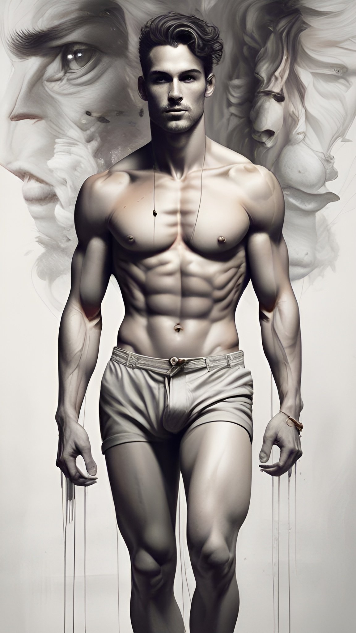 Painting of a man in pale gray shorts standing in a studio with ink wash face sketches