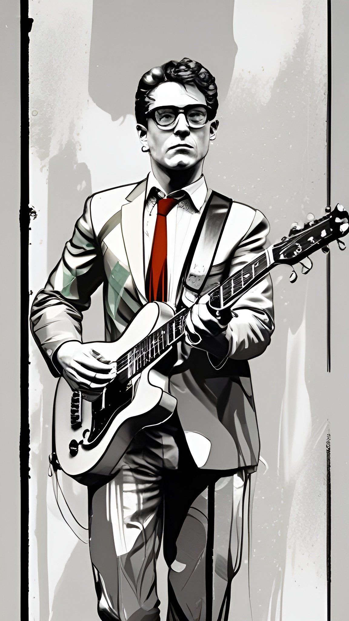 A poster art of a man in a pale suit and red tie holding a white electric guitar against a gray ink wash wall