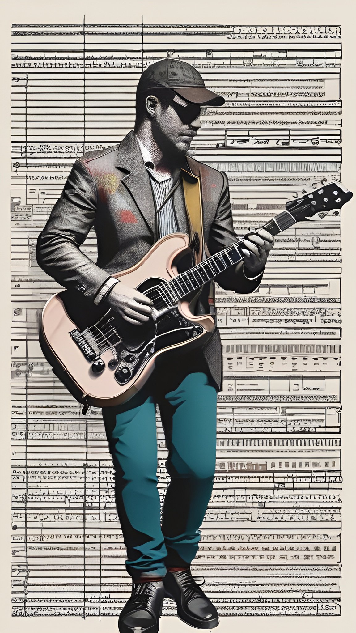Painting of a man playing a pink Stratocaster-style guitar in a dark jacket and teal trousers