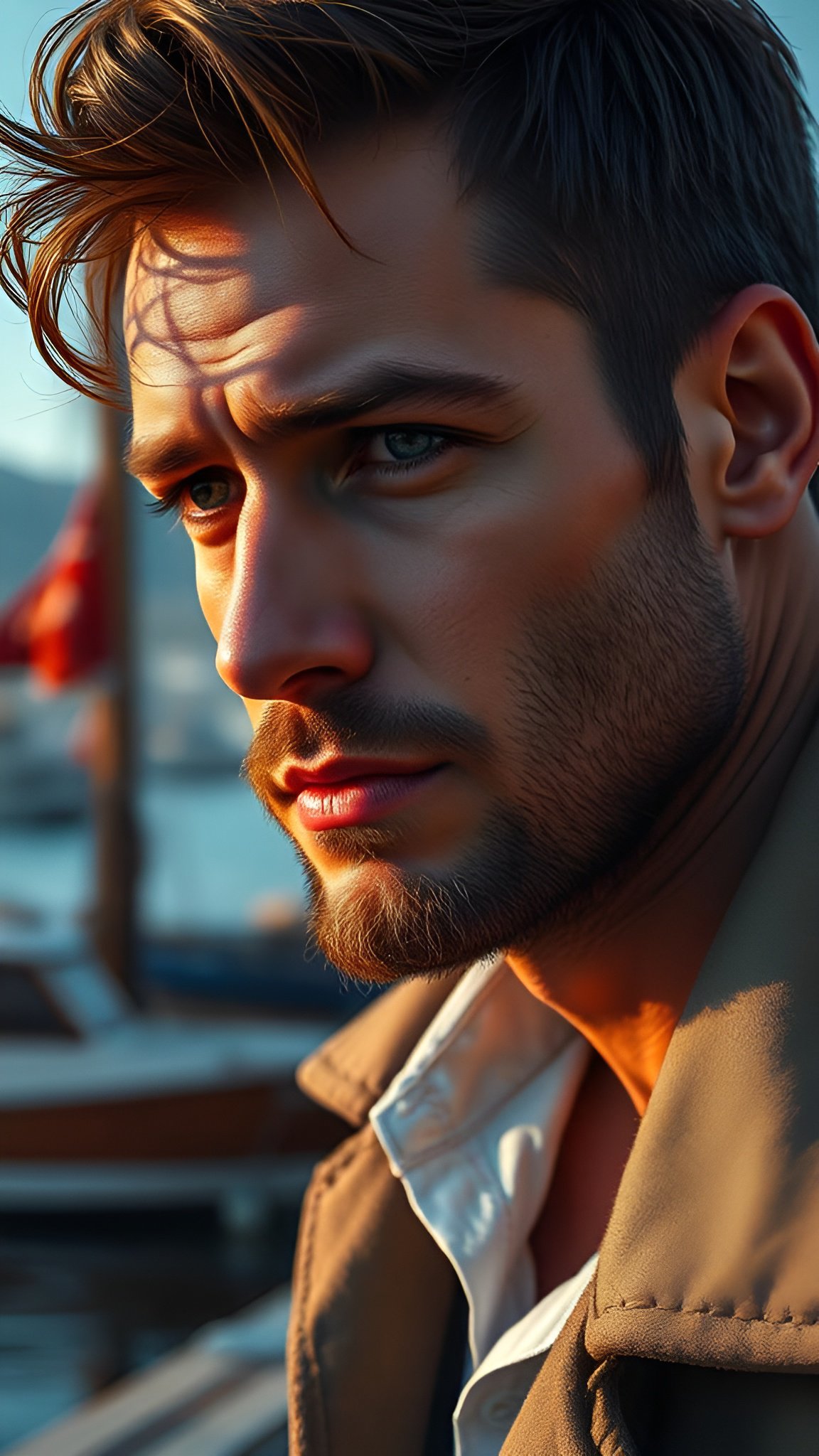 Profile of man with beard in brown coat against harbor background