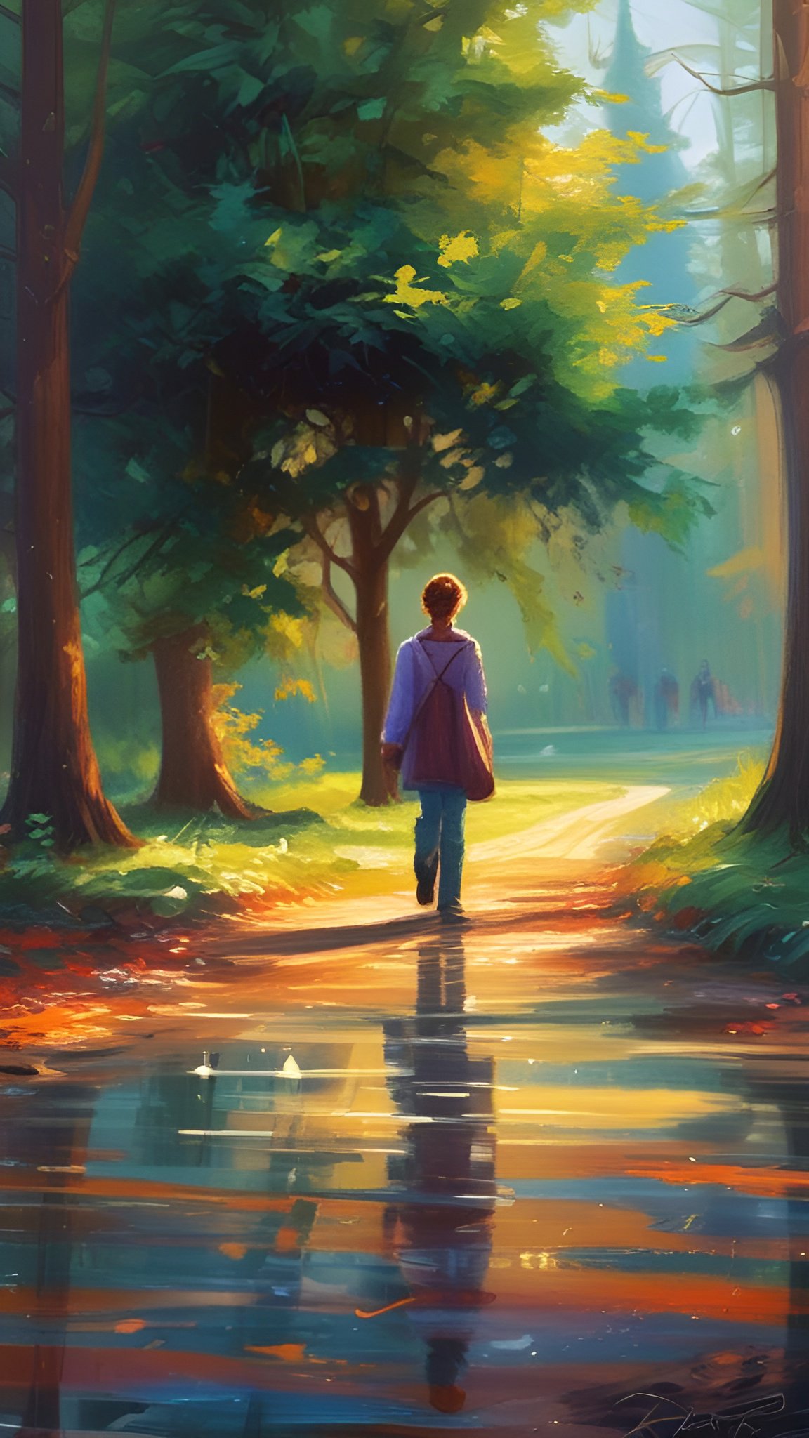 Painting of a man in a light purple jacket and blue jeans walking a wet forest path
