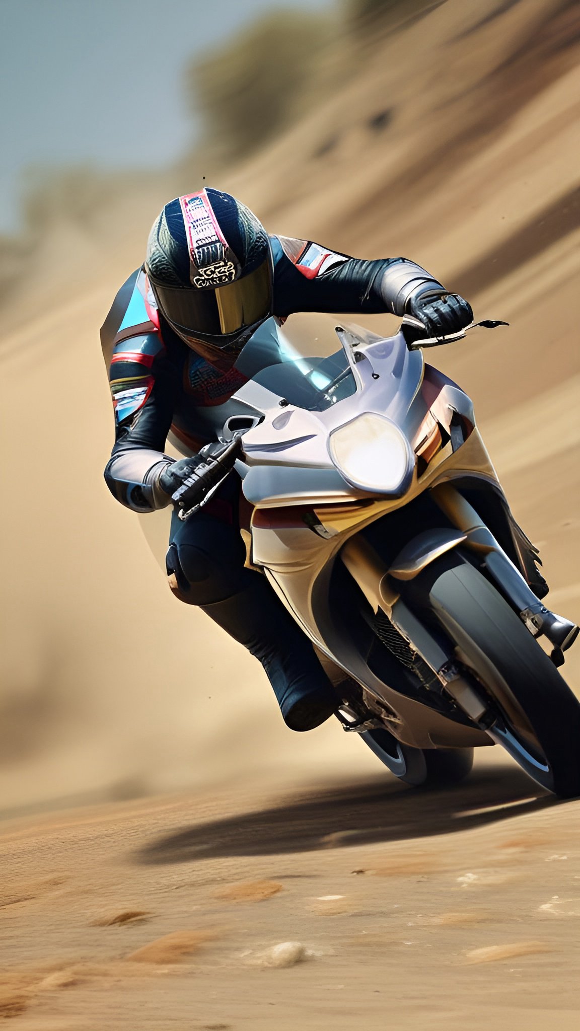 Painting of a man in a racing suit and helmet riding a silver sport motorcycle on sand dunes