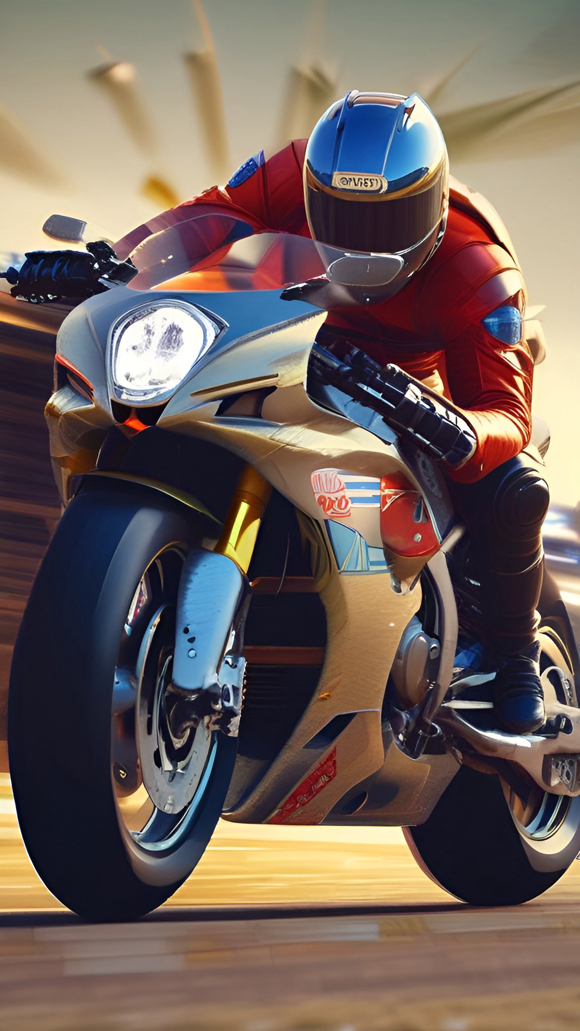 Painting of a man in a red racing suit on a cream and gold Ducati-style motorcycle