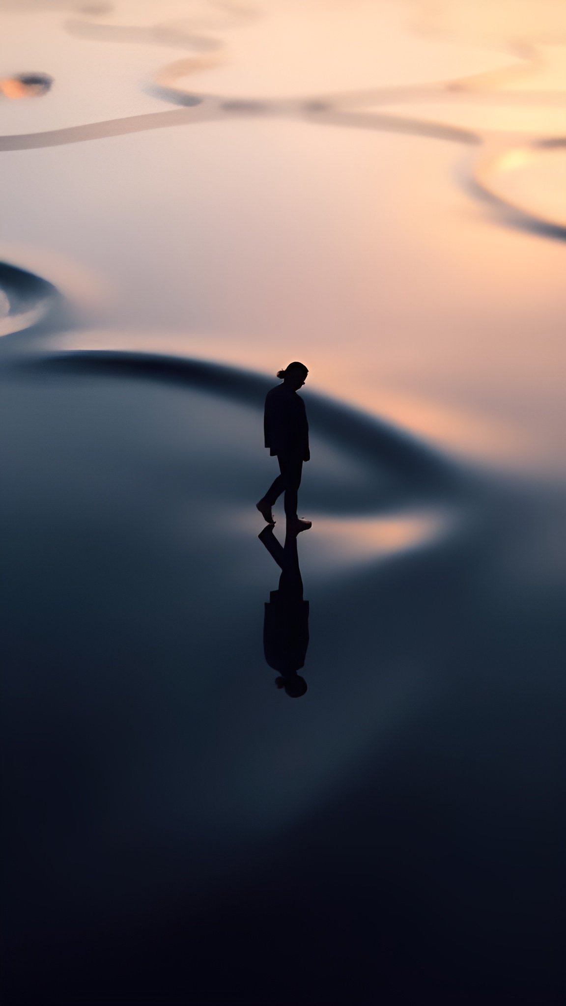 A creative photograph of a man silhouette walking on still water with a dusk reflection