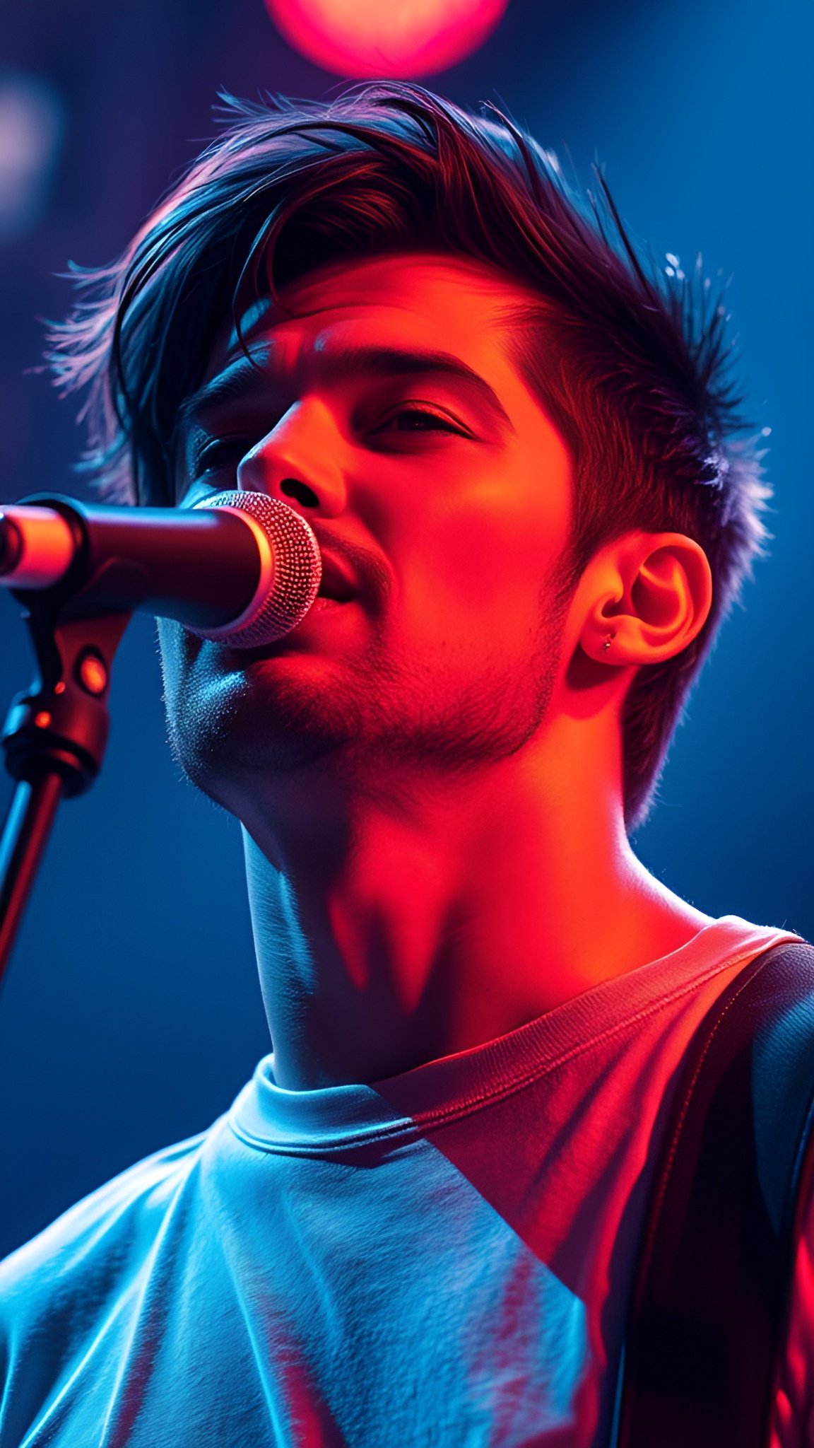 Photo of a man singing into a silver stage microphone in a white t-shirt under red and blue concert lights