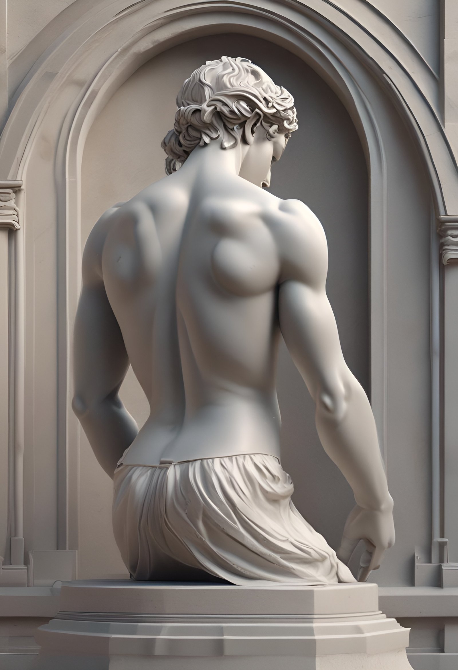 Back view of a male statue with curly hair and draped cloth in an arched niche