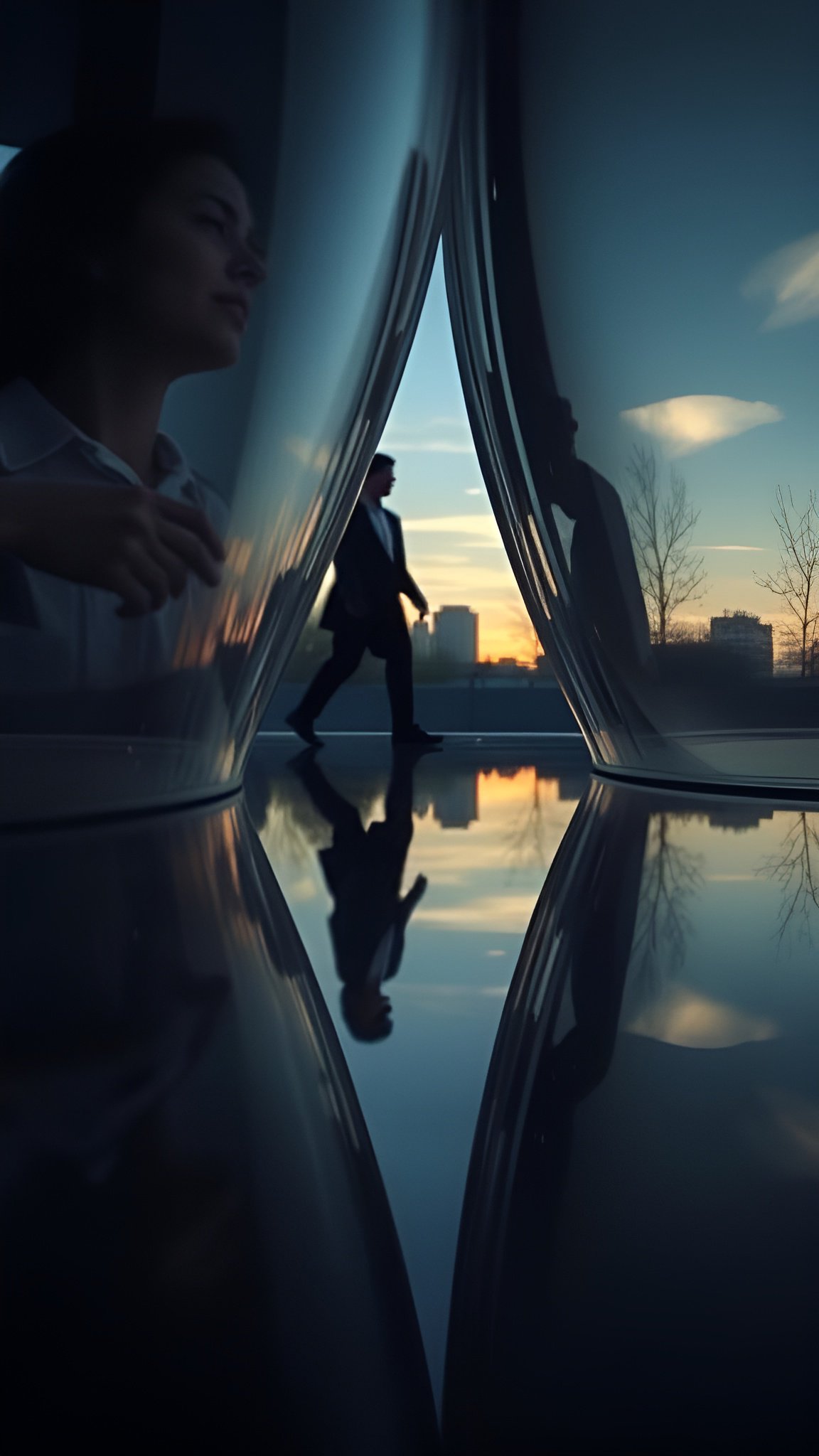 A creative photograph of a man in a suit walking at sunset with glass reflections and a woman portrait