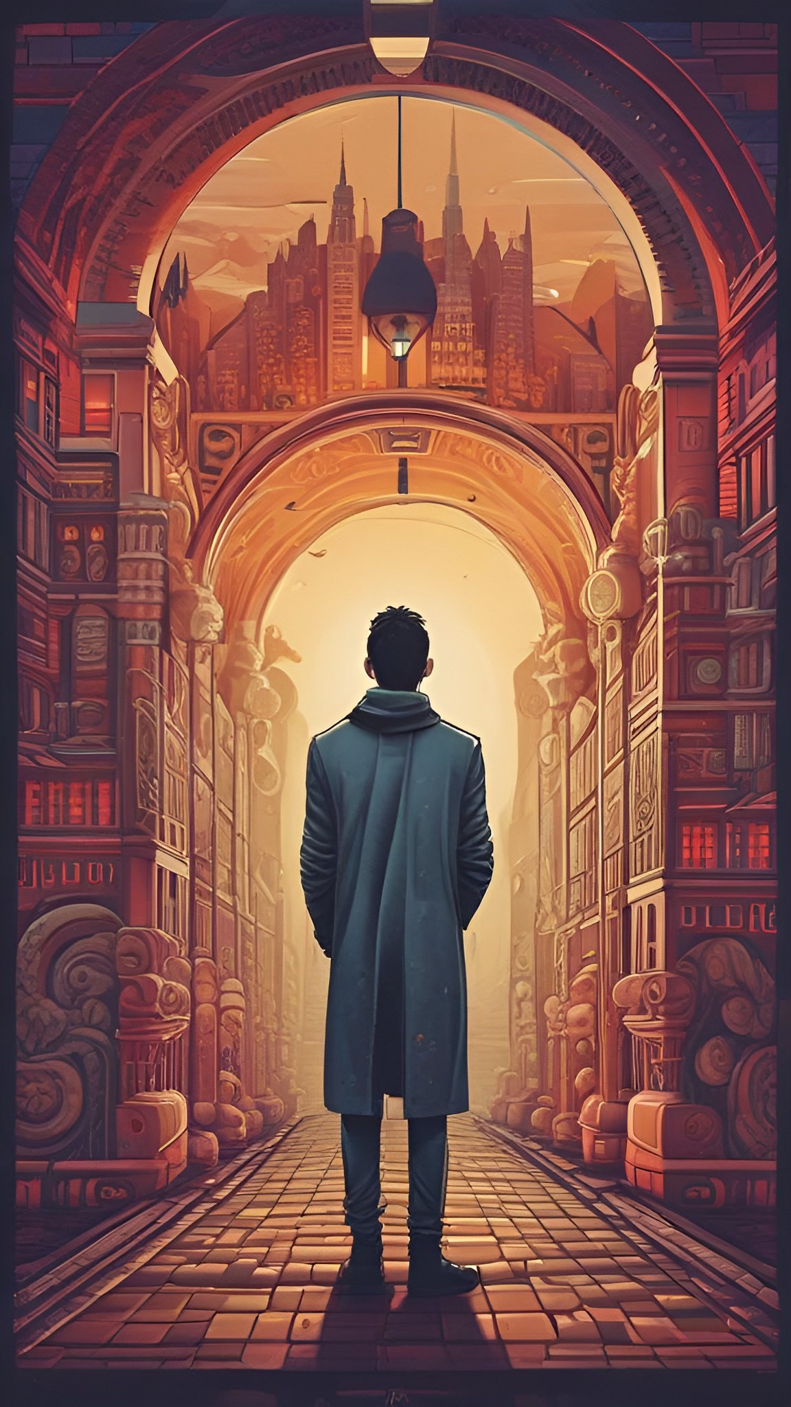 Painting of a man in a long teal coat under orange red arches looking toward a city skyline at dusk