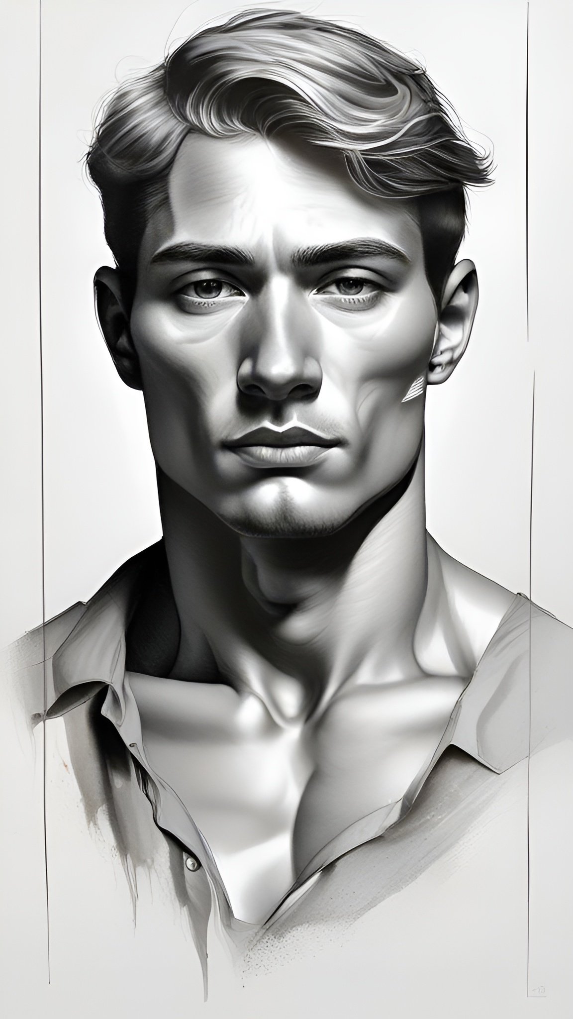 Grayscale painting of a man in an unbuttoned collared shirt